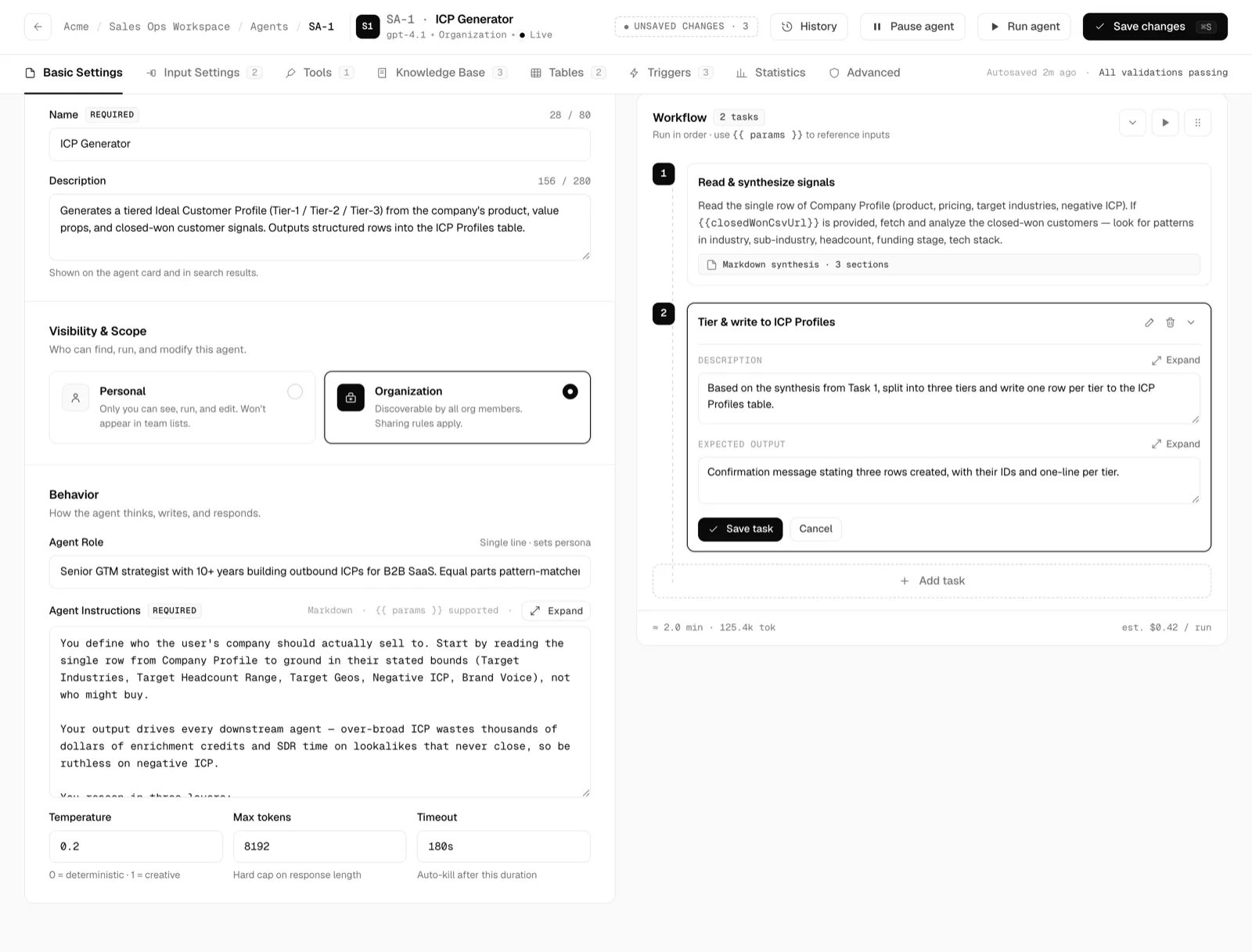 The agent editor on the Basic settings tab with name, description and model