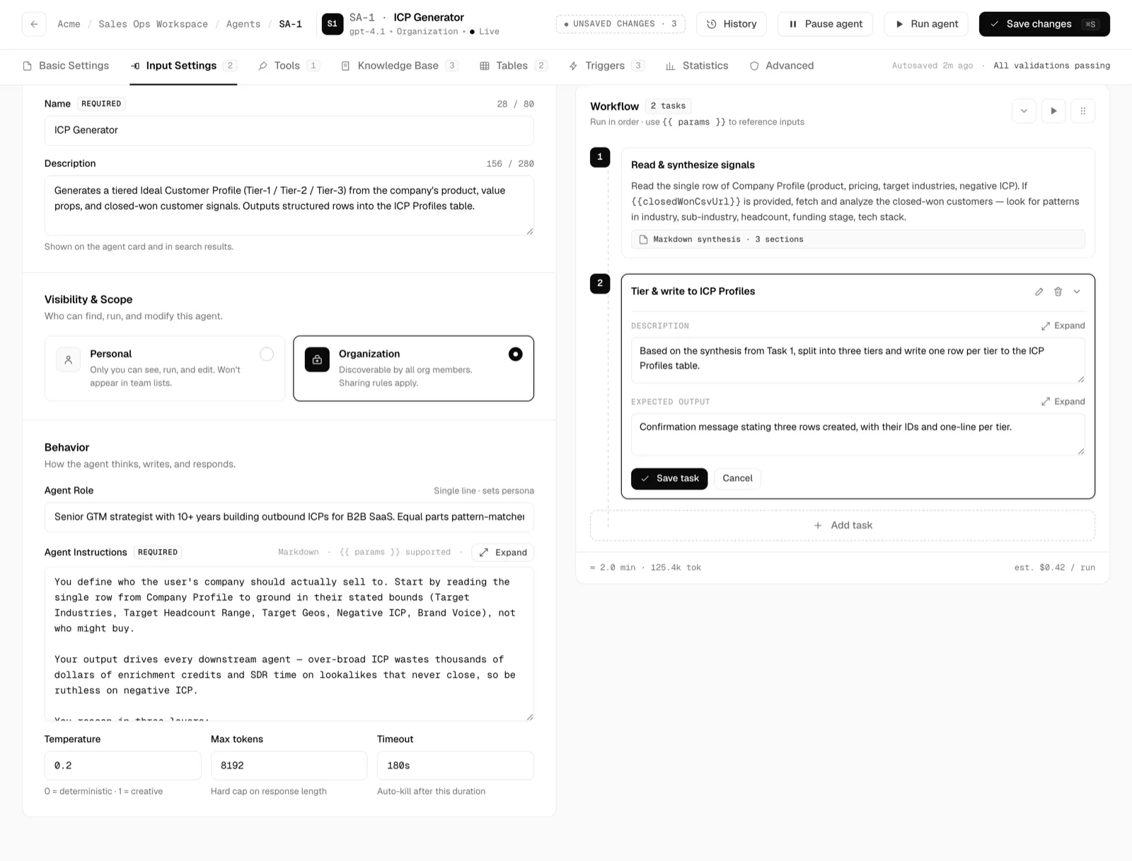 Input Settings tab listing defined input parameters with type badges