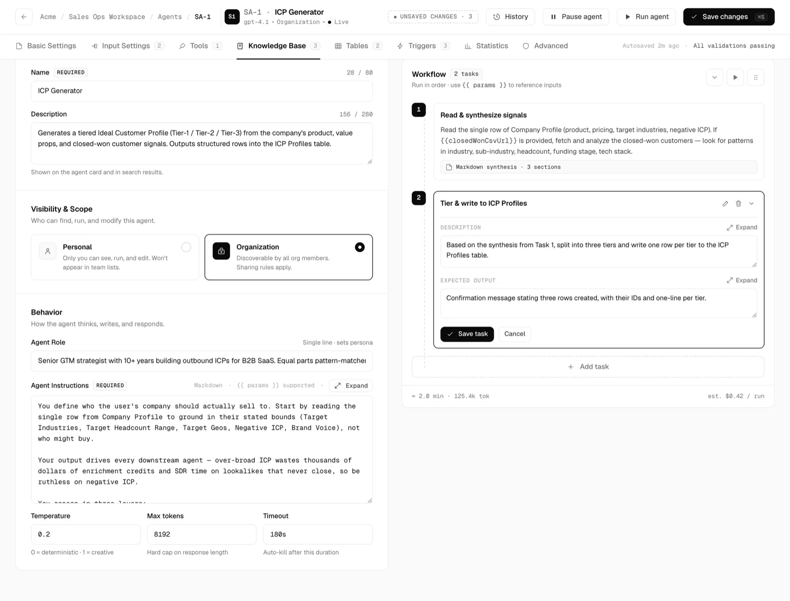 Knowledge Base tab listing attached vectorized references
