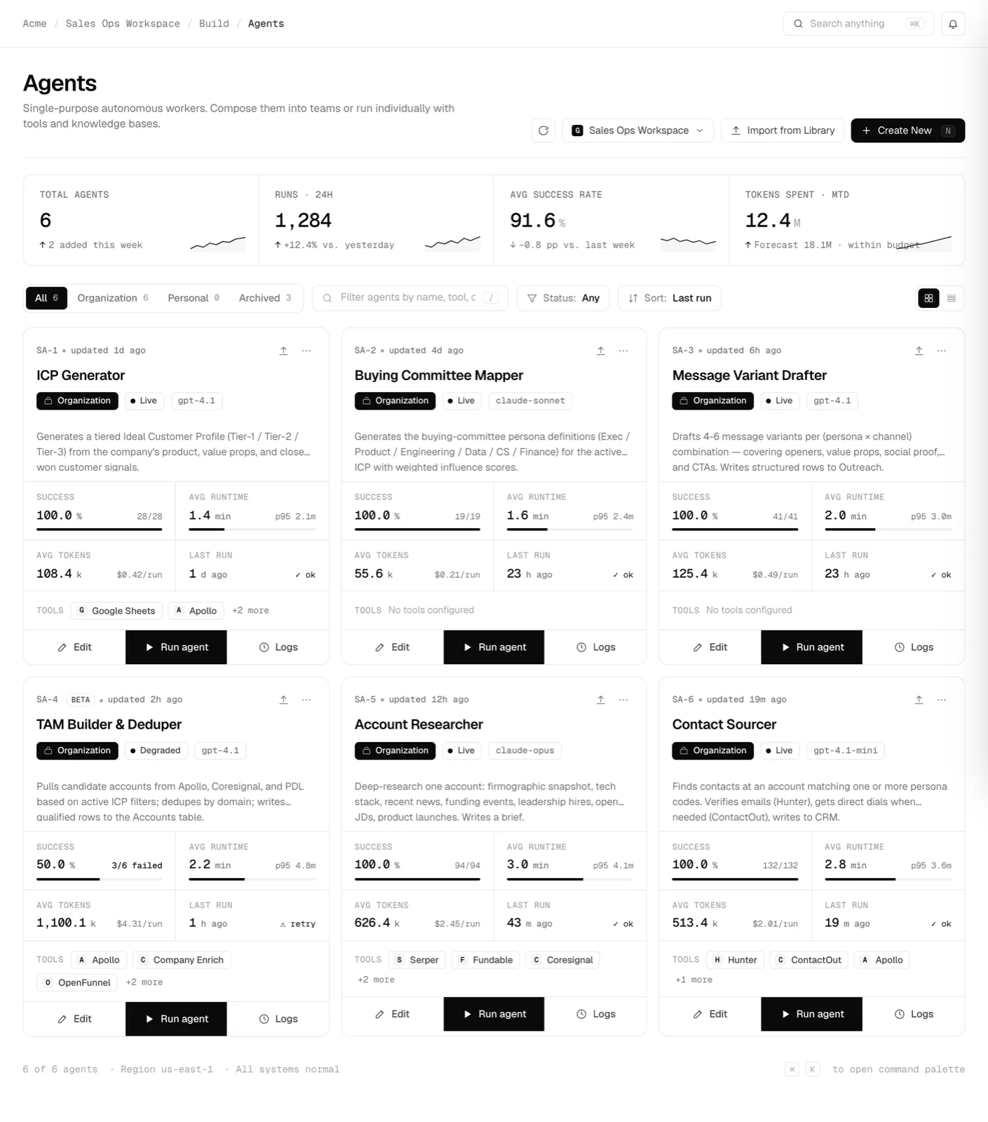 The agents list showing each agent with status, model and recent run metrics