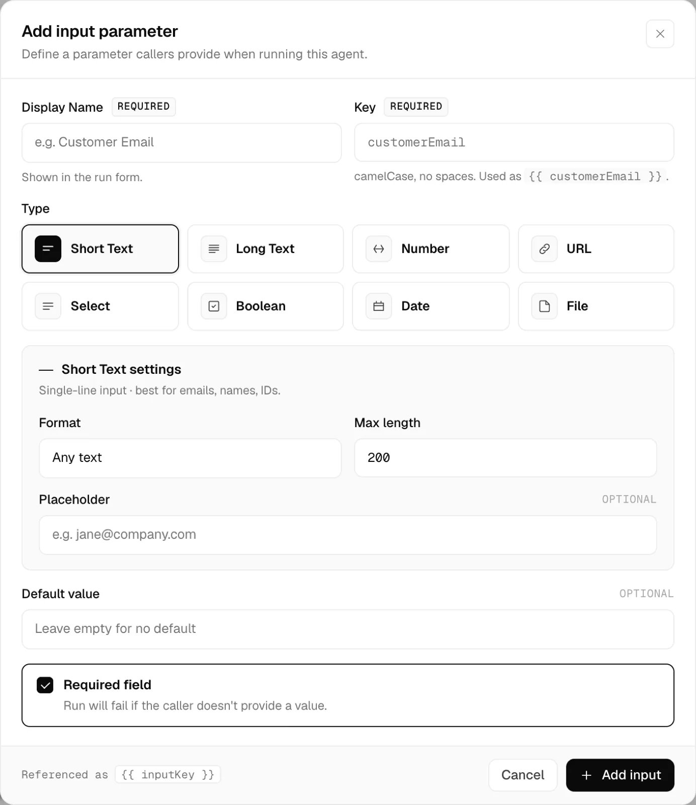 The Add input parameter dialog with name, type and required toggle