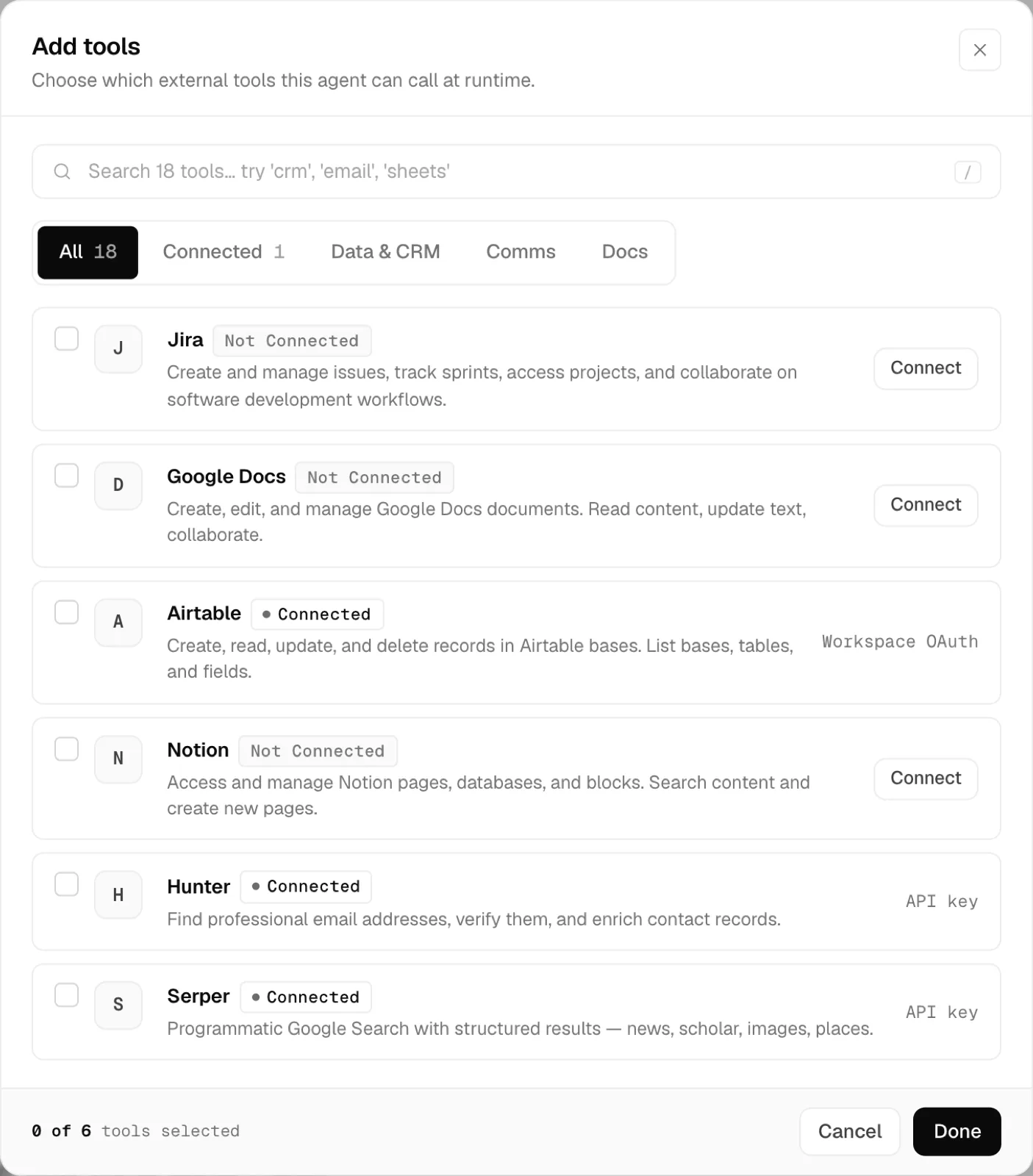 Add tools modal with a searchable library and per-tool connection status