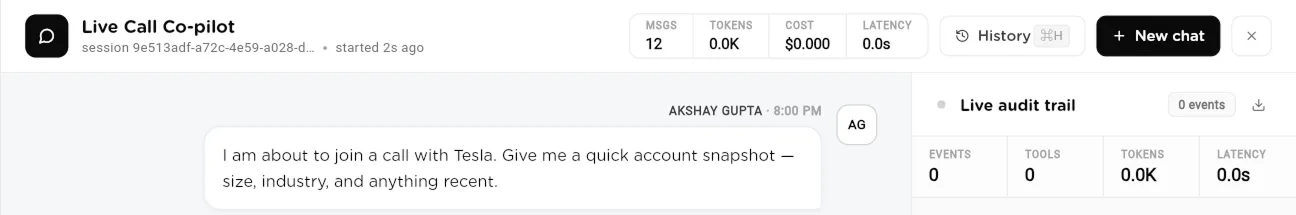 A team session header with message, token, cost and latency counters and the Live audit trail panel