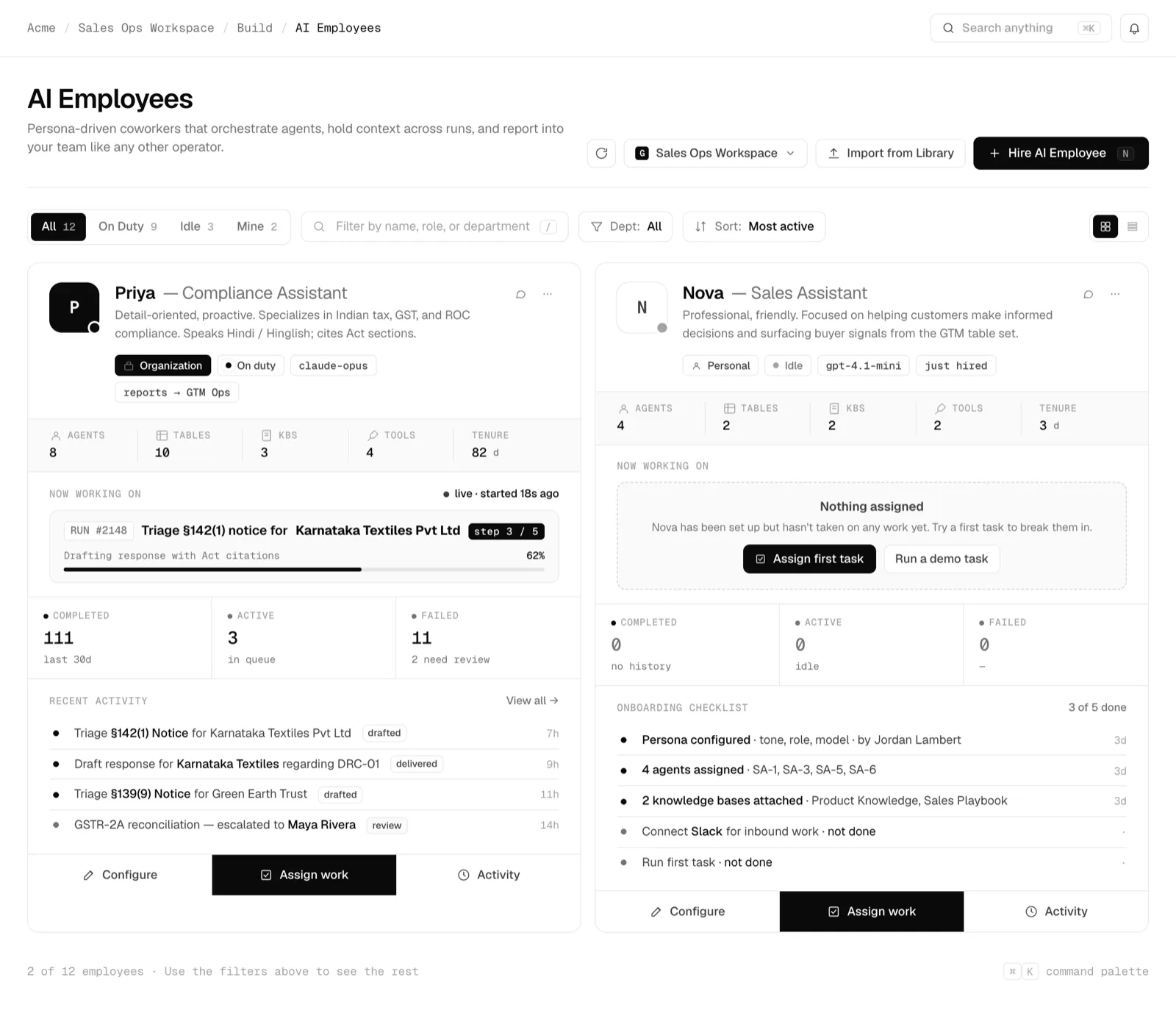 The AI Employees roster grid