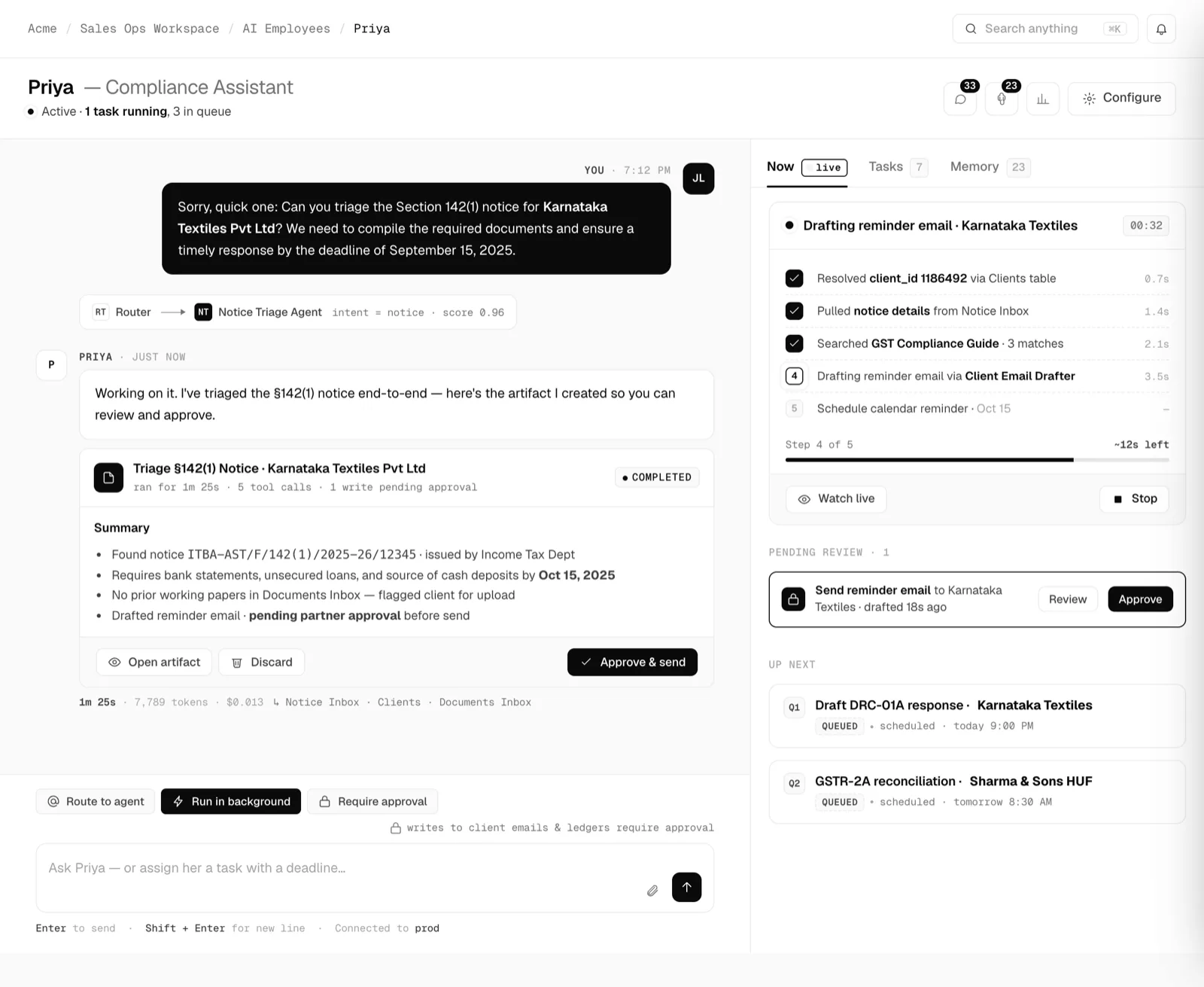 The AI Employee workspace, chat column plus a work rail