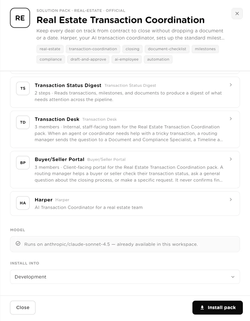 Pack preview panel listing teams and an AI employee, the Model note and the Install into workspace picker