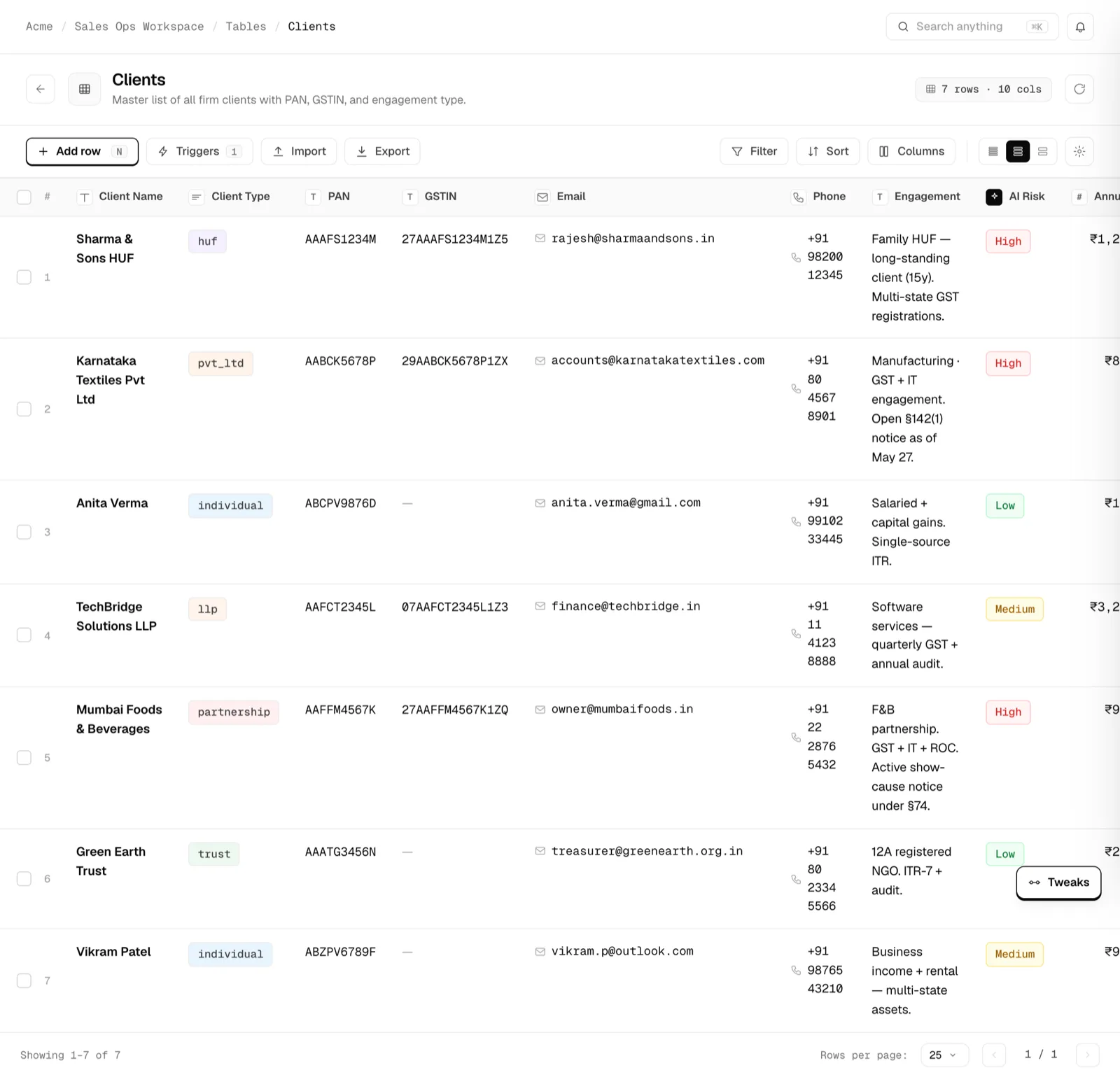 The Table View data grid with typed columns and a color-coded AI-enriched column