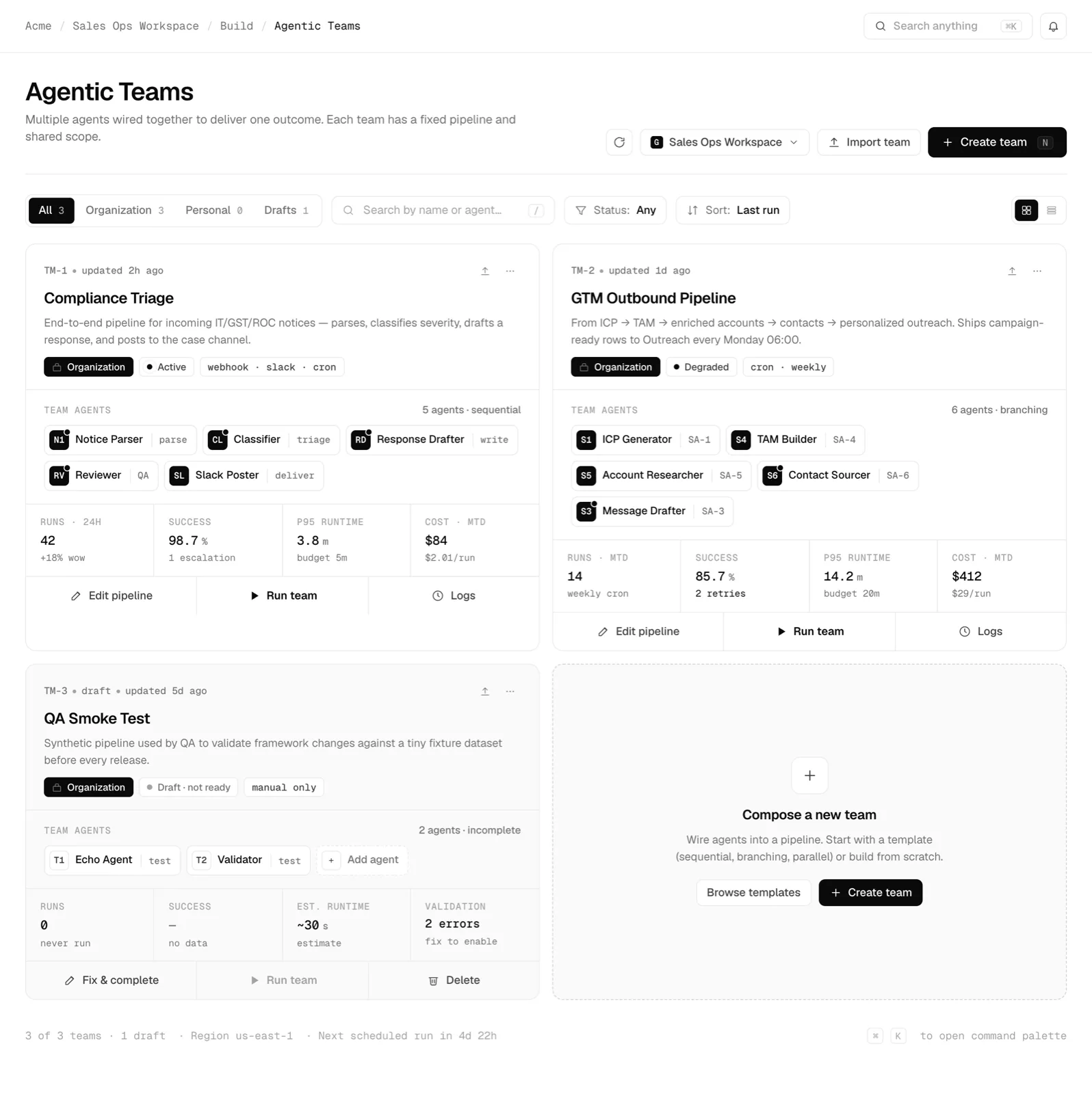 The Agentic Teams list with team cards, scope tabs, search and a Create team button
