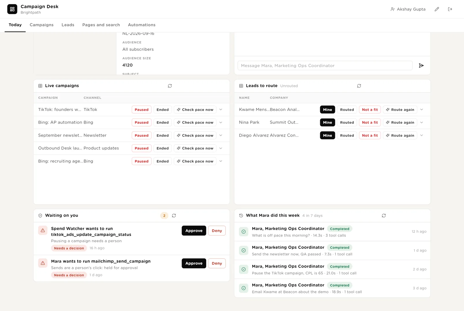 Today: leads, approvals and what Mara did