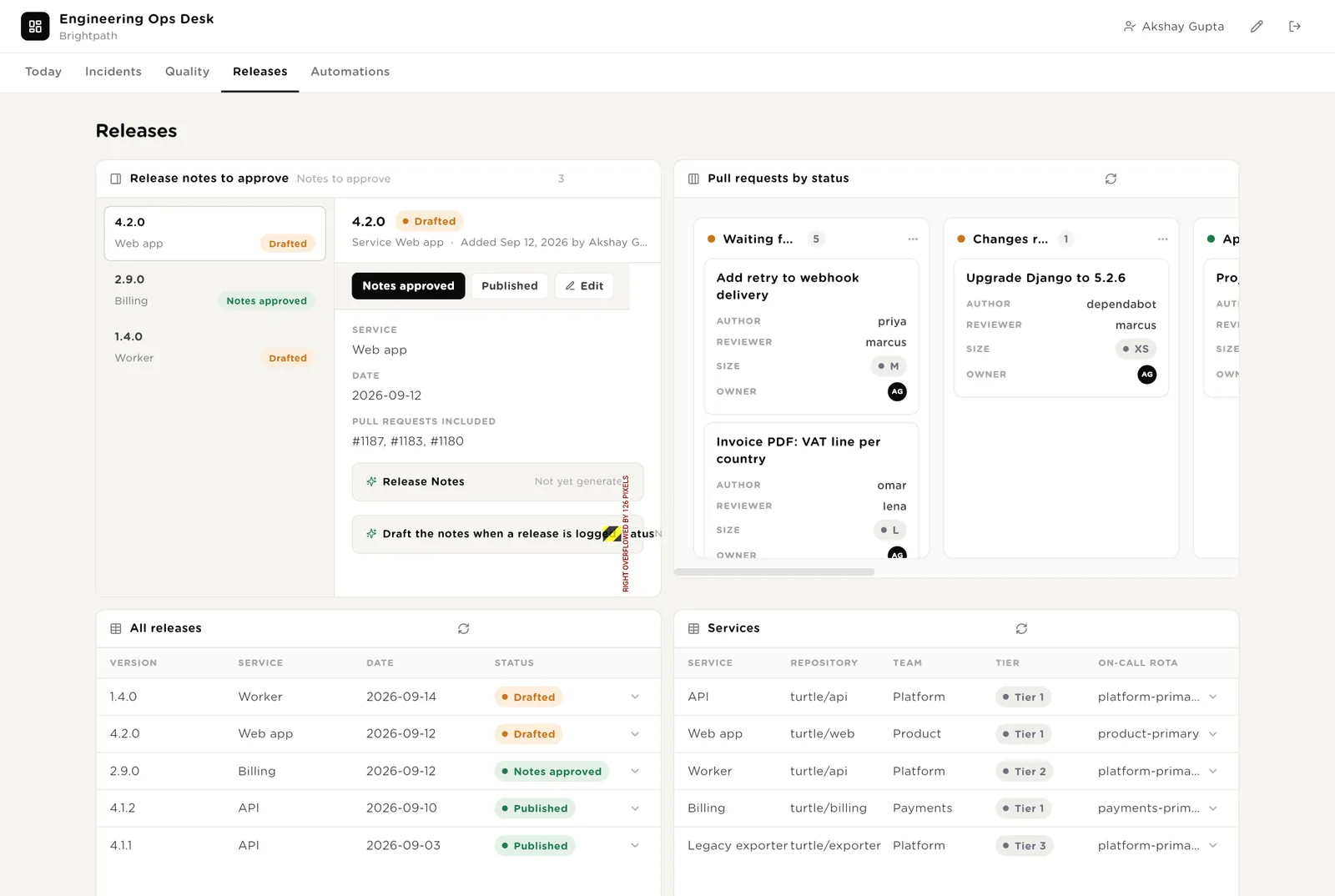 Releases: notes to approve, PRs by status