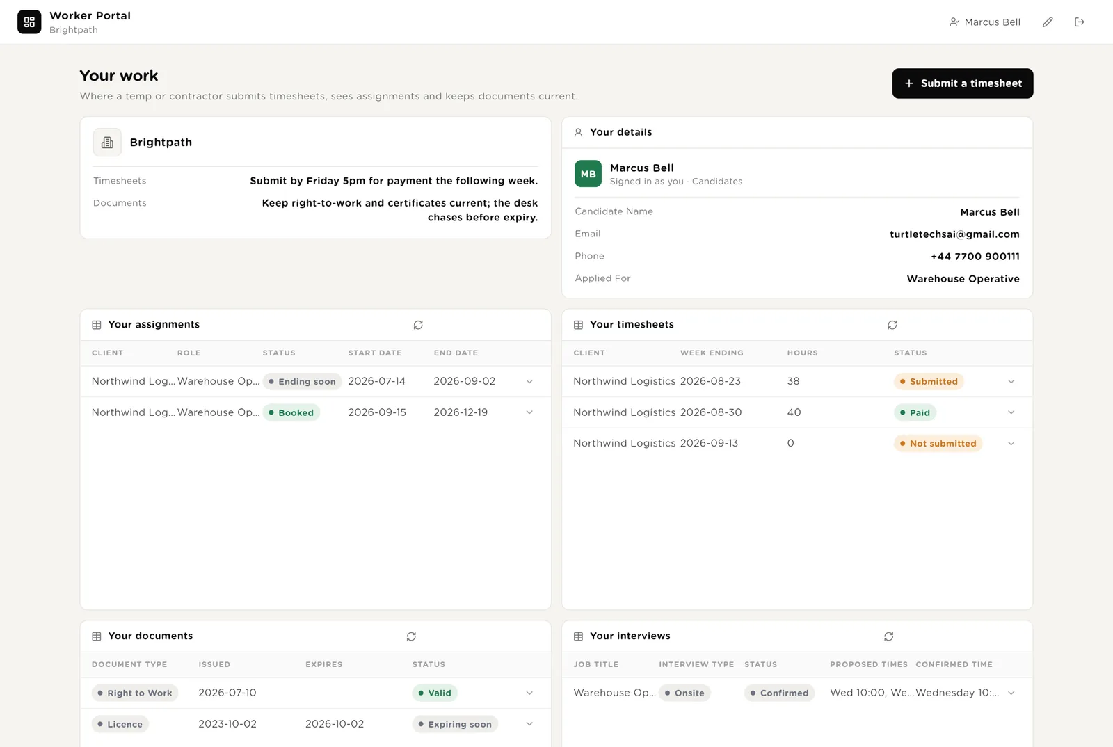 Worker Portal: timesheets, assignments, documents