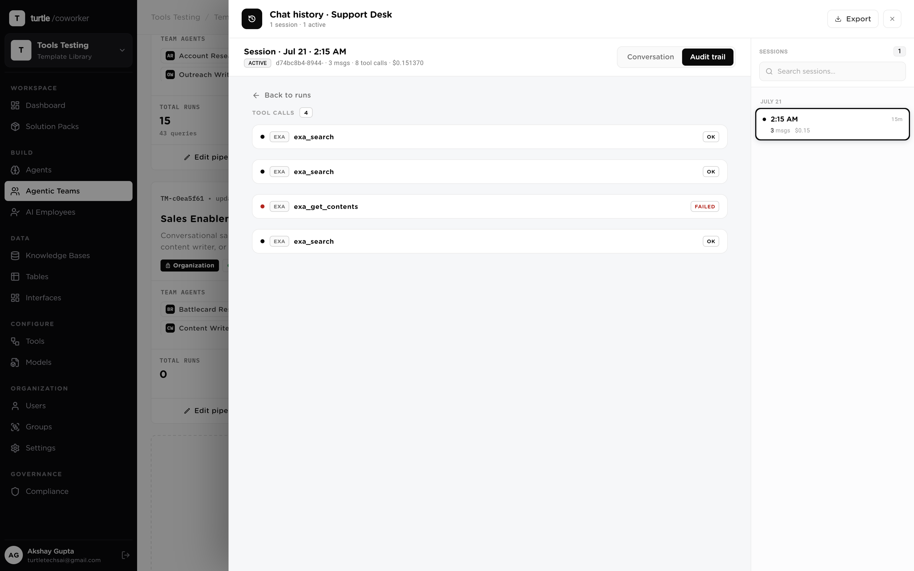The audit trail with one run expanded to its per-tool-call records: integration, read/write classification, sanitized input and output, token and USD cost, and the pinned config version