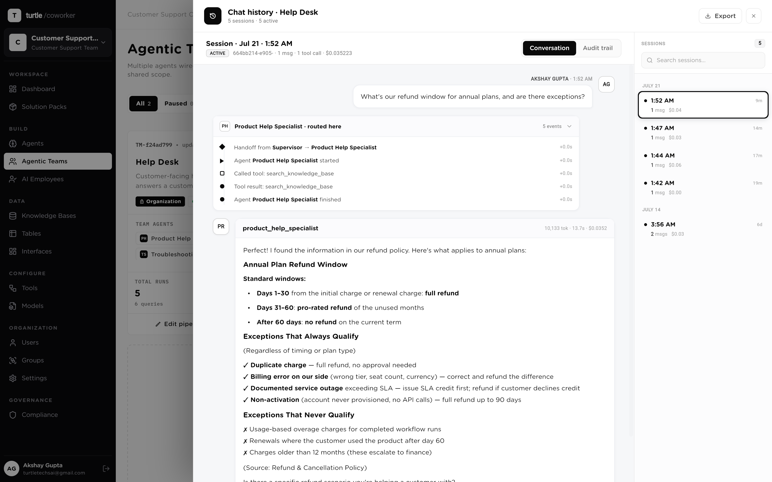A team chat mid-run: assistant tokens streaming in, with the live activity panel showing agent-start, tool-call and handoff events as they arrive