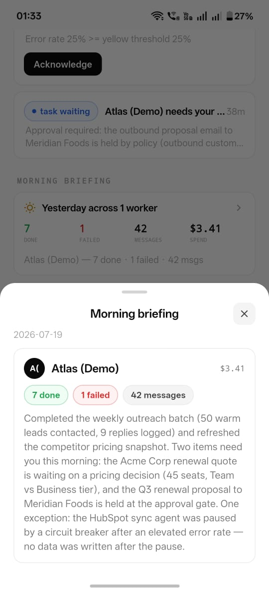 The daily summary view: an employee's morning roll-up showing tasks completed, items pending approval, and exceptions raised