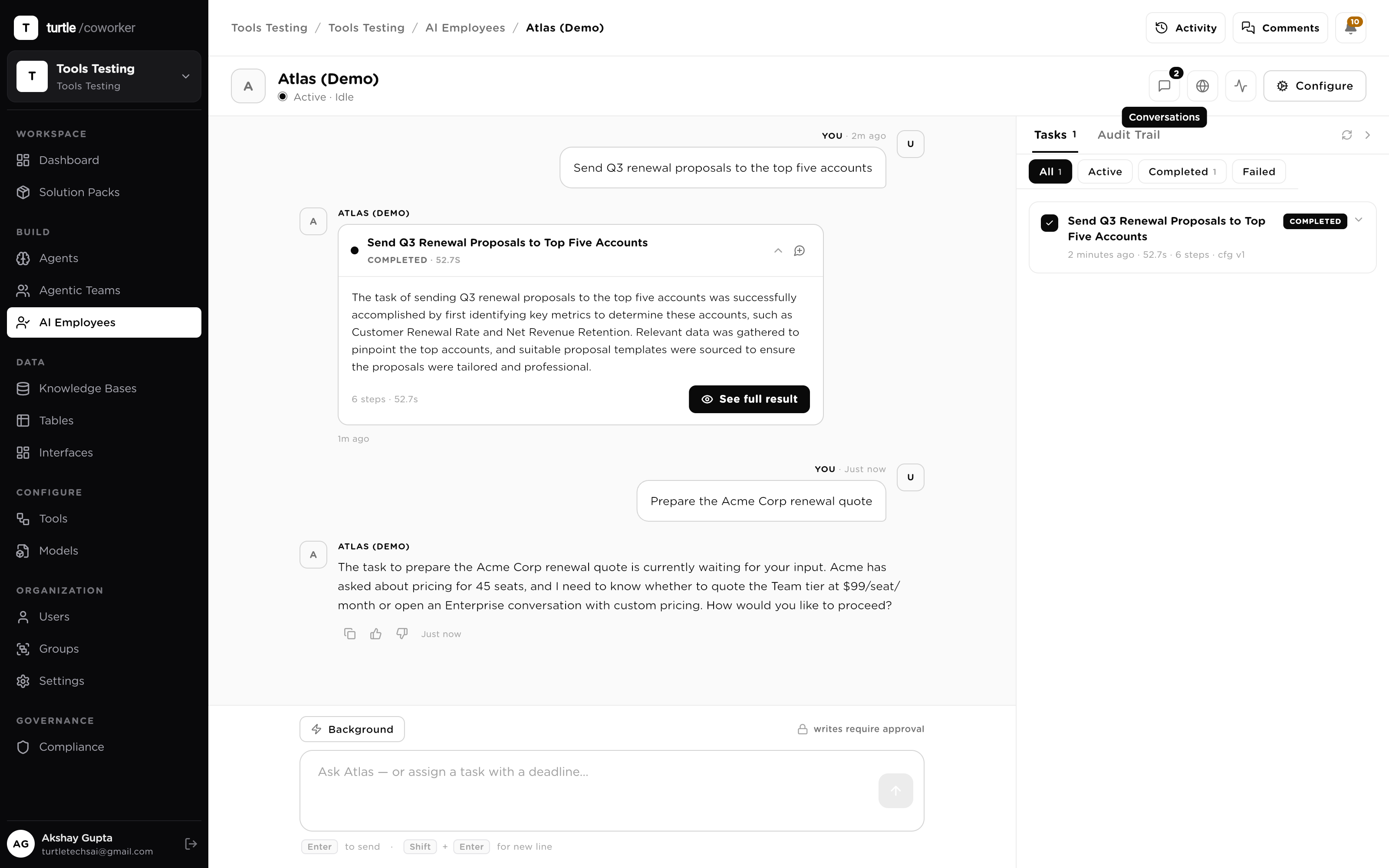 A task waiting on human input: the employee's question with the task context attached, and the task status shown as waiting
