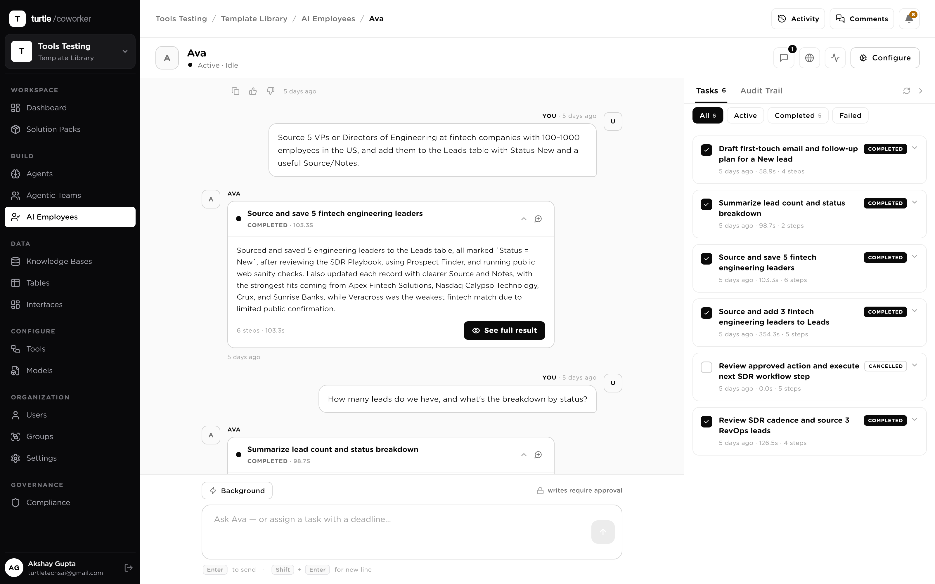 The AI Employee workspace: the conversation column with an in-flight delegated task, and the work rail showing live task progress, the task history, and the memory pane