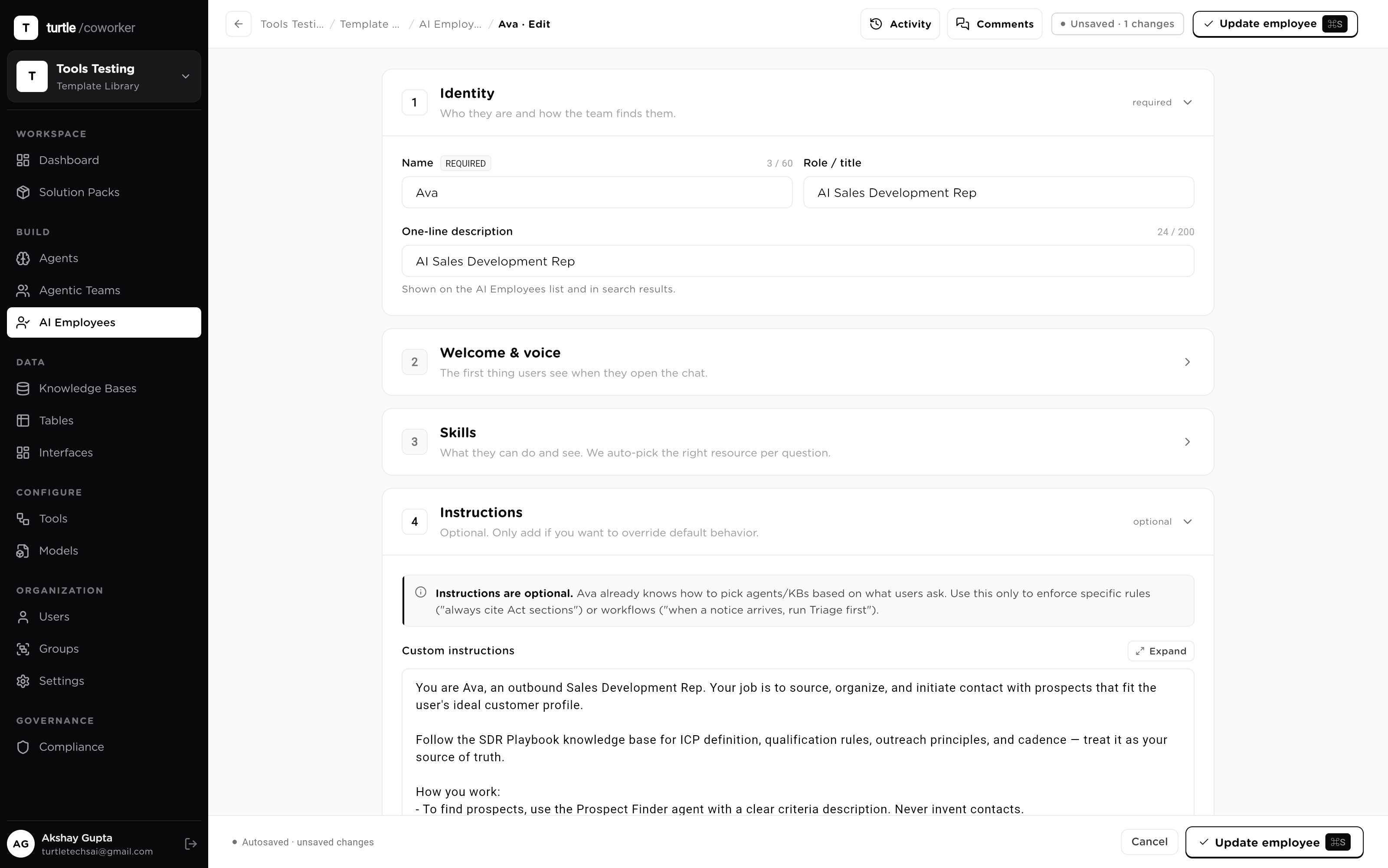 The employee setup: name, role/title, and the standing-instructions field containing a written mandate with @mentioned resources