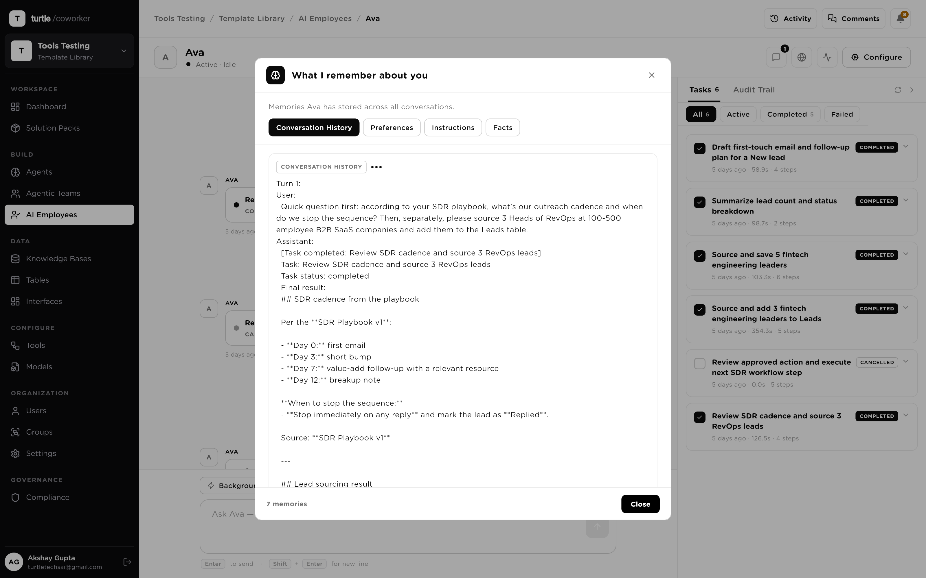 The memory pane: long-term memories listed by type (facts, preferences, instructions) with importance markers, alongside the active task's working memory