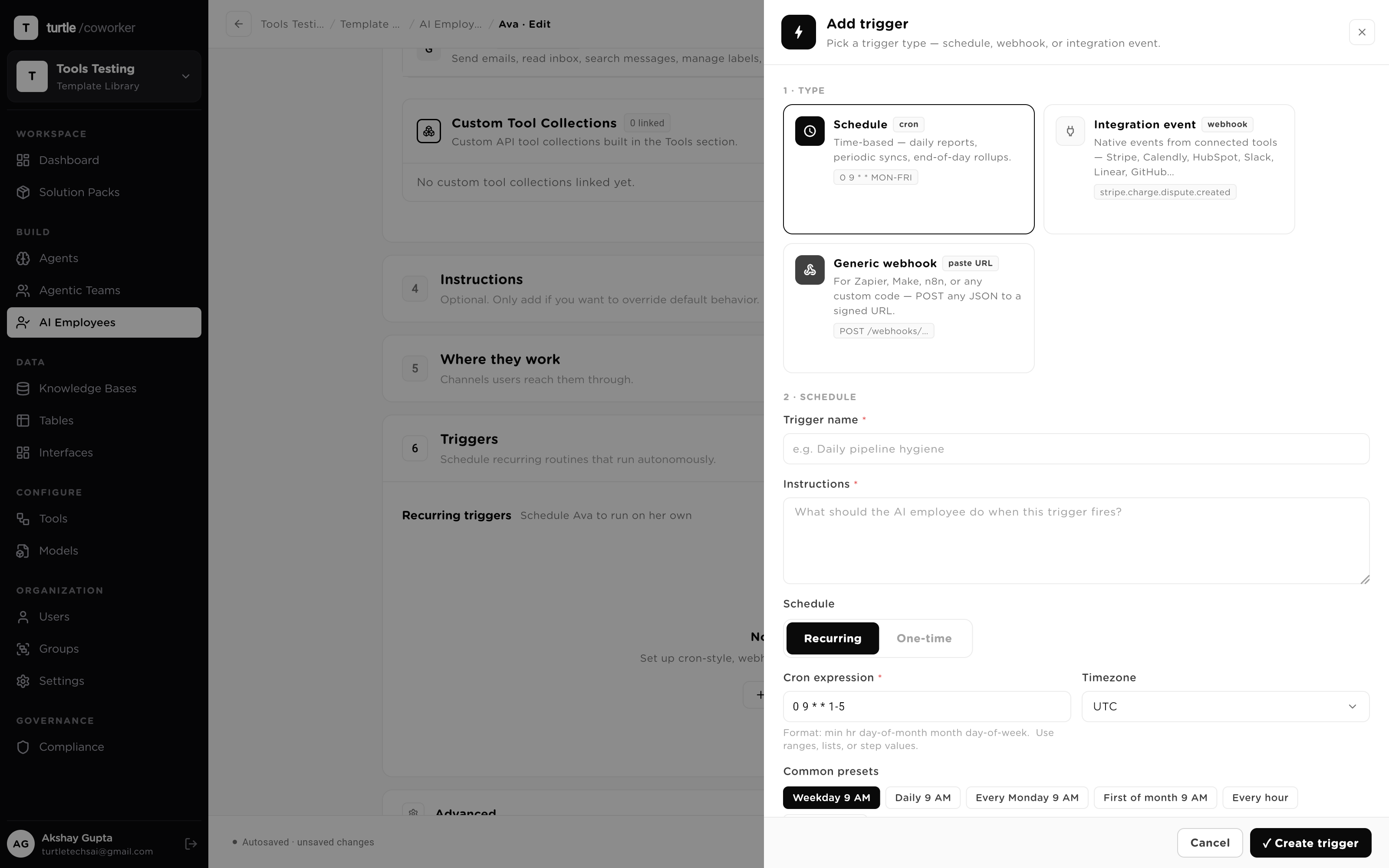 The triggers view: a recurring cron trigger with its next-run preview and an integration event trigger showing its filter, debounce and rate-limit settings