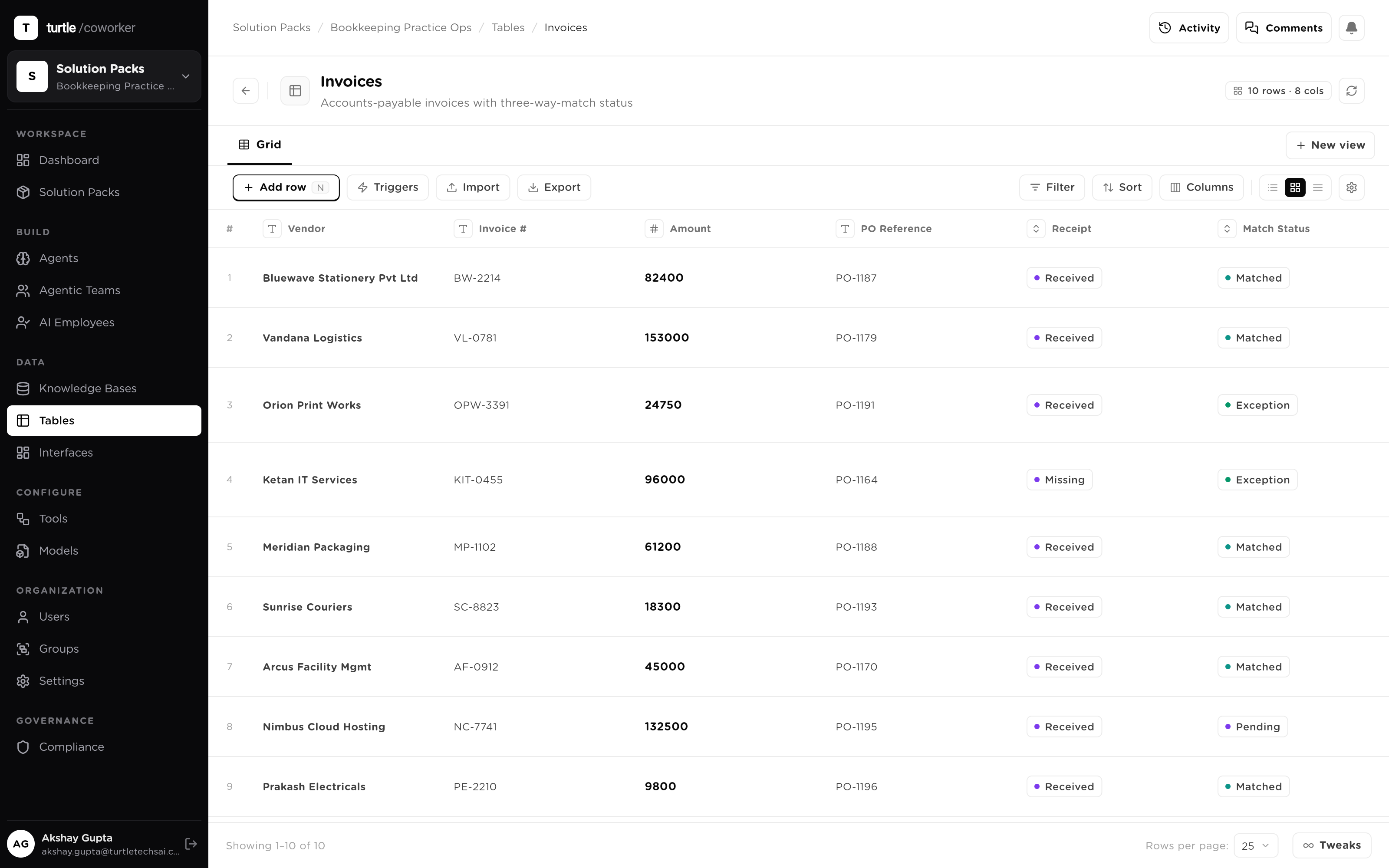 An invoice matched against its PO data with line-level detail: quantities and prices compared side by side, matched lines marked clean and one line showing its variance