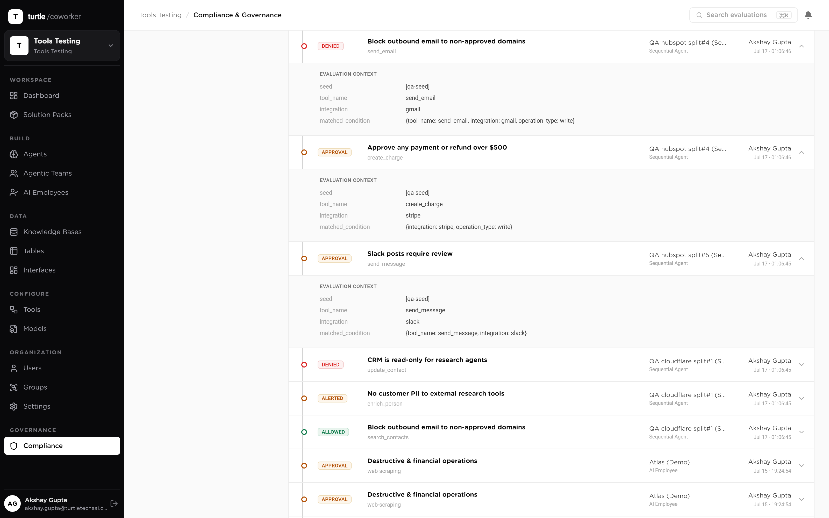 A single run's audit detail: per-tool-call rows listing each call's inputs, results and status, in the order they executed