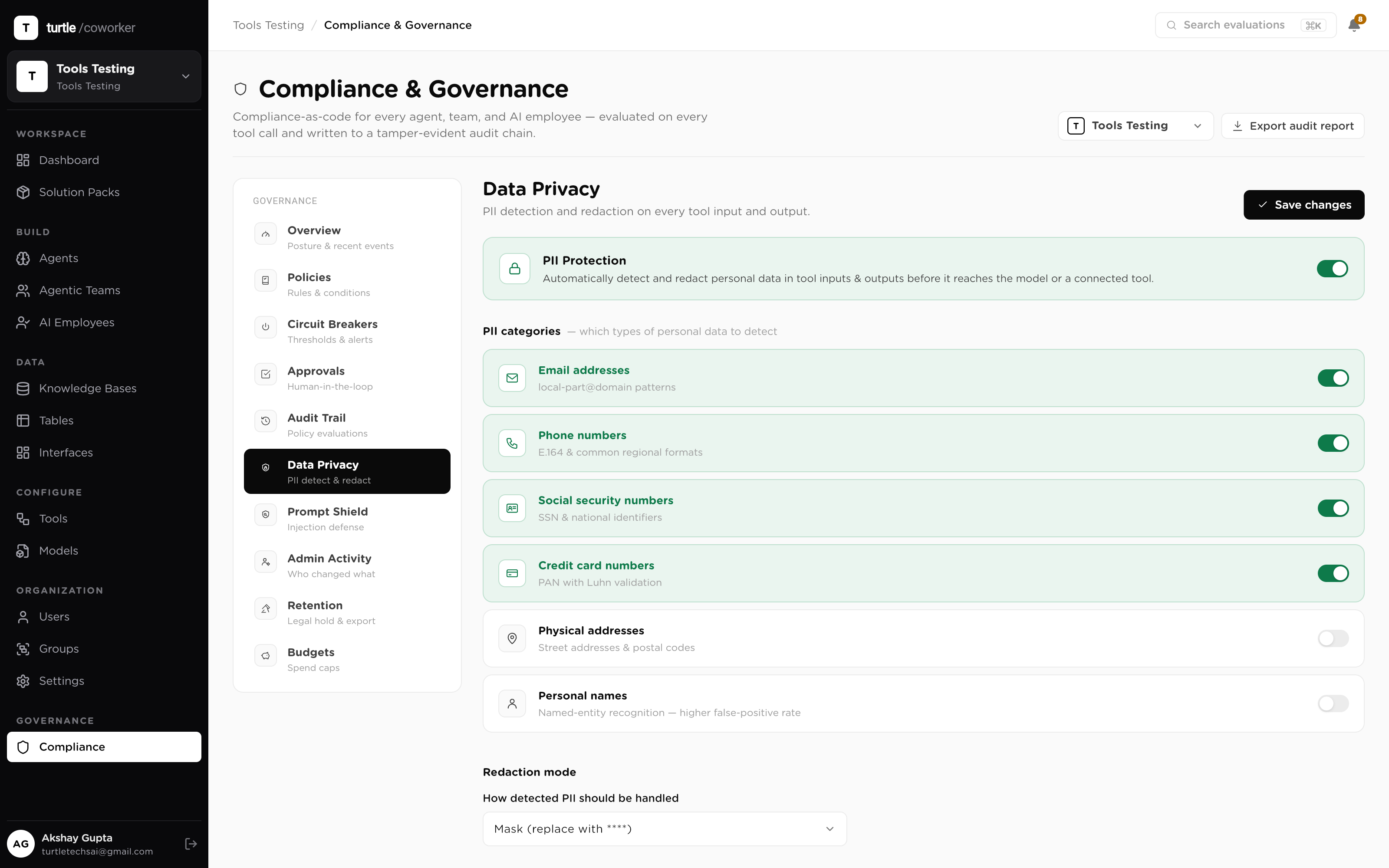 Workspace data-protection settings: PII categories with redaction mode, and the prompt-injection shield mode