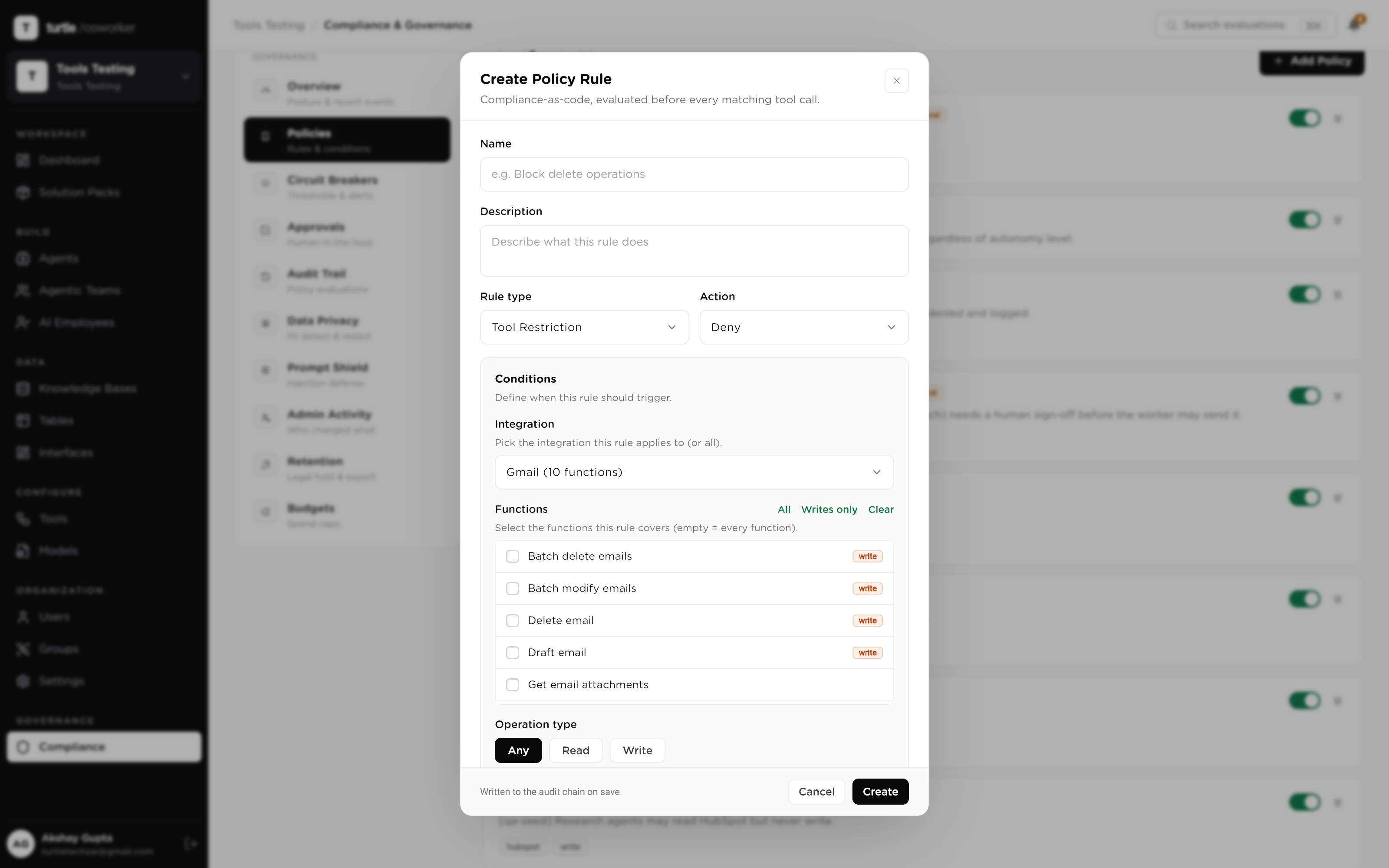The function catalog picker: integrations on the left, their named functions with read/write tags on the right