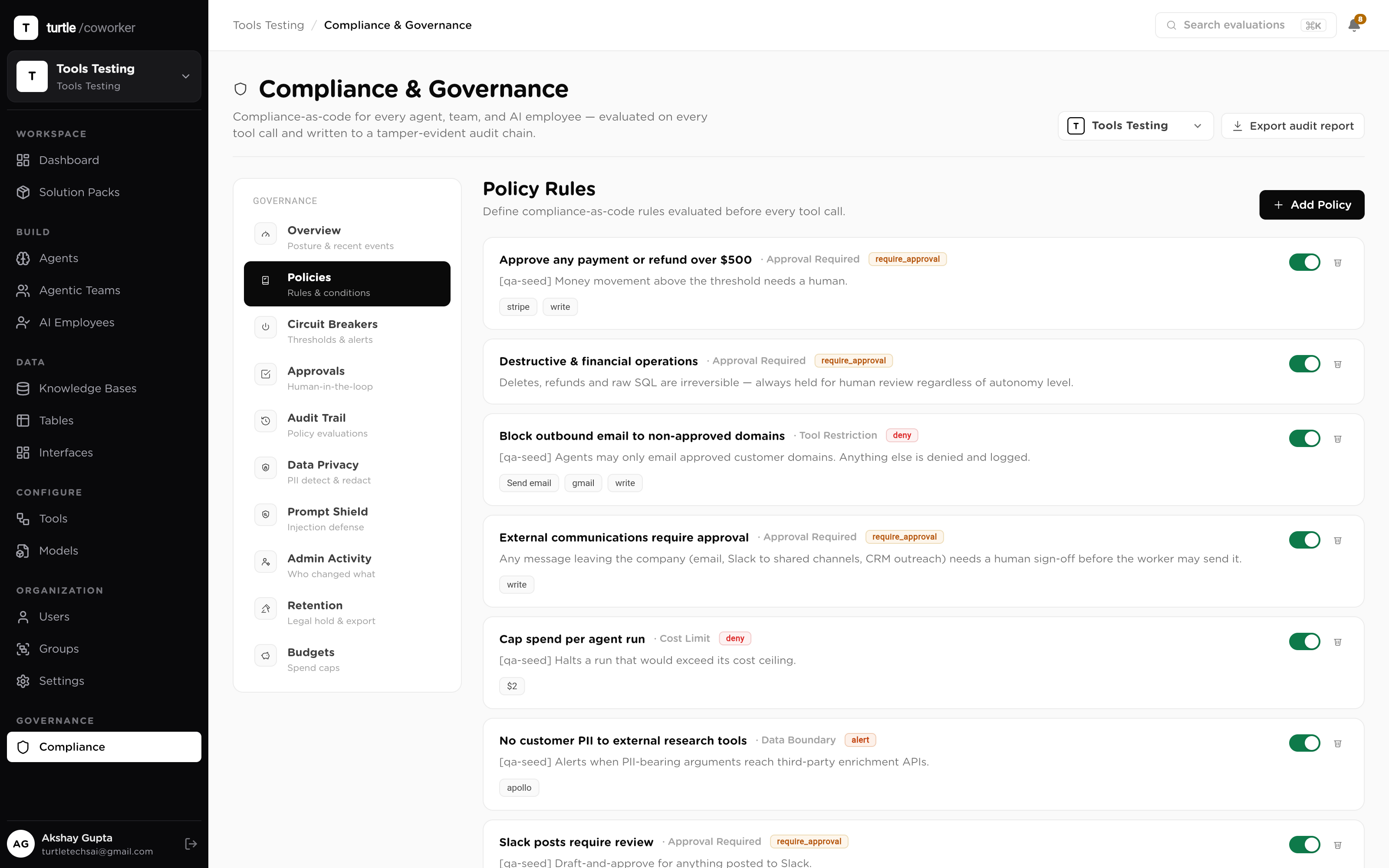 The governance overview: active policy rules with type, conditions, verdict and priority, plus the live evaluation counter