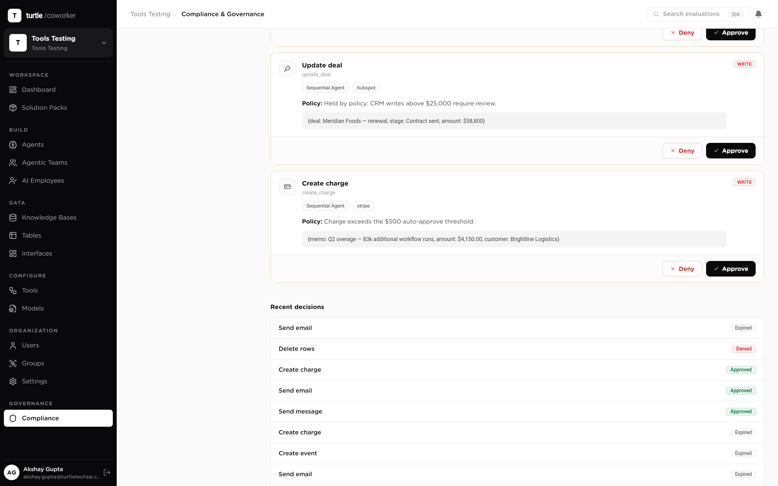 An approval request opened in the queue: the held payment, the policy that held it, the sanitized payload and approve/deny controls