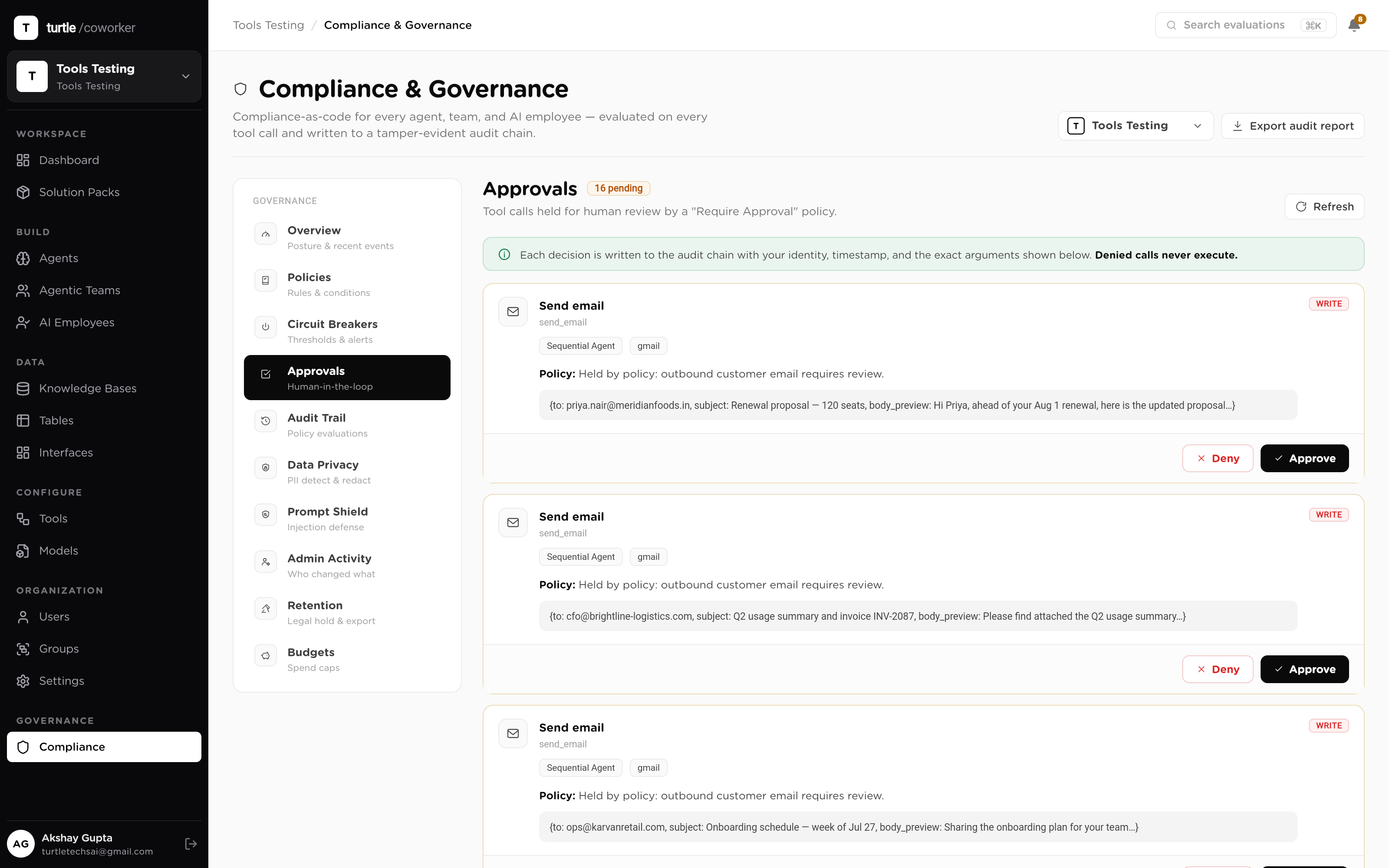 A run paused at the runtime gate: the held tool call, the policy that held it, and approve/deny controls
