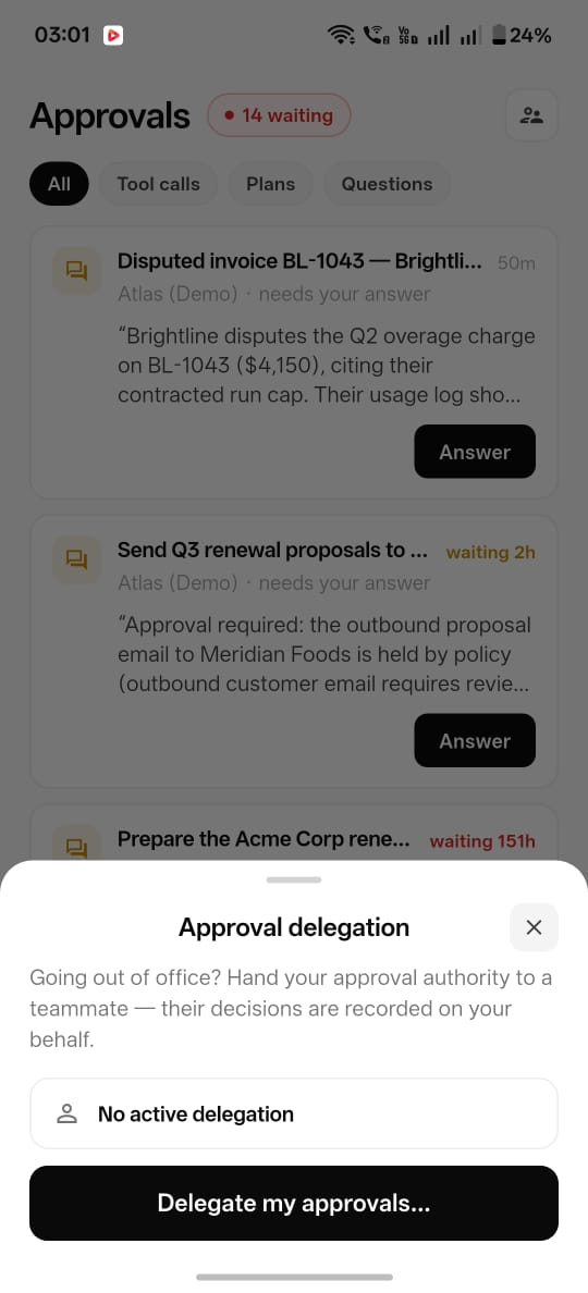 The delegation setup: choosing a delegate and a date window, with the active delegation shown on the approvals view
