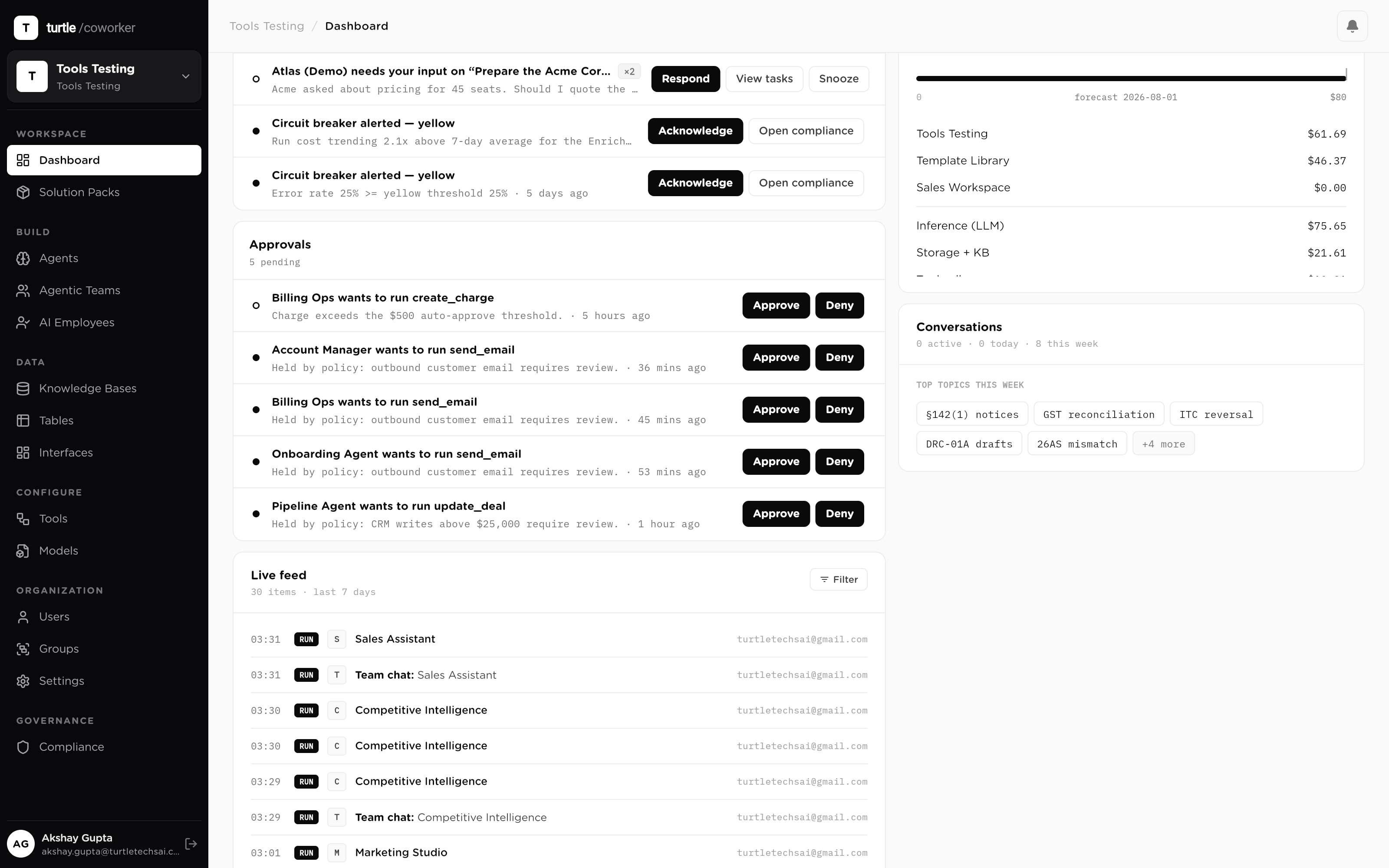 The approvals queue: pending requests with aging chips, grouped identical asks, the holding policy on each card, and bulk actions