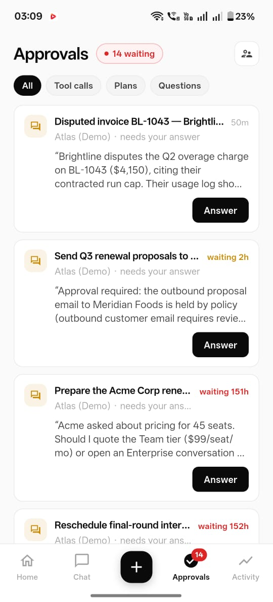 The mobile approvals view: aging chips, a grouped identical-ask card with approve-all and deny-all, and the policy detail sheet