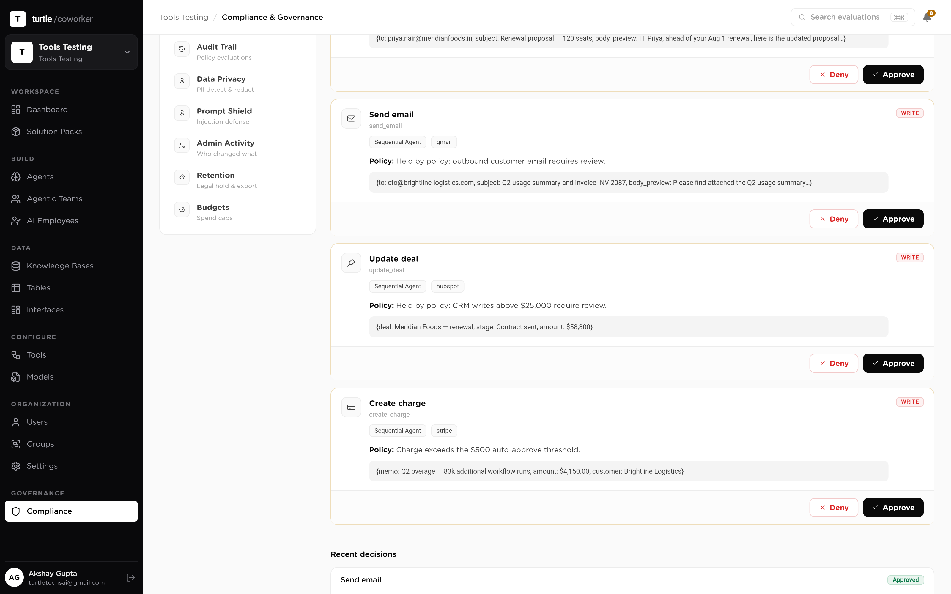 The approvals queue listing held actions, each row showing the action that was stopped and the rule that held it, with review controls