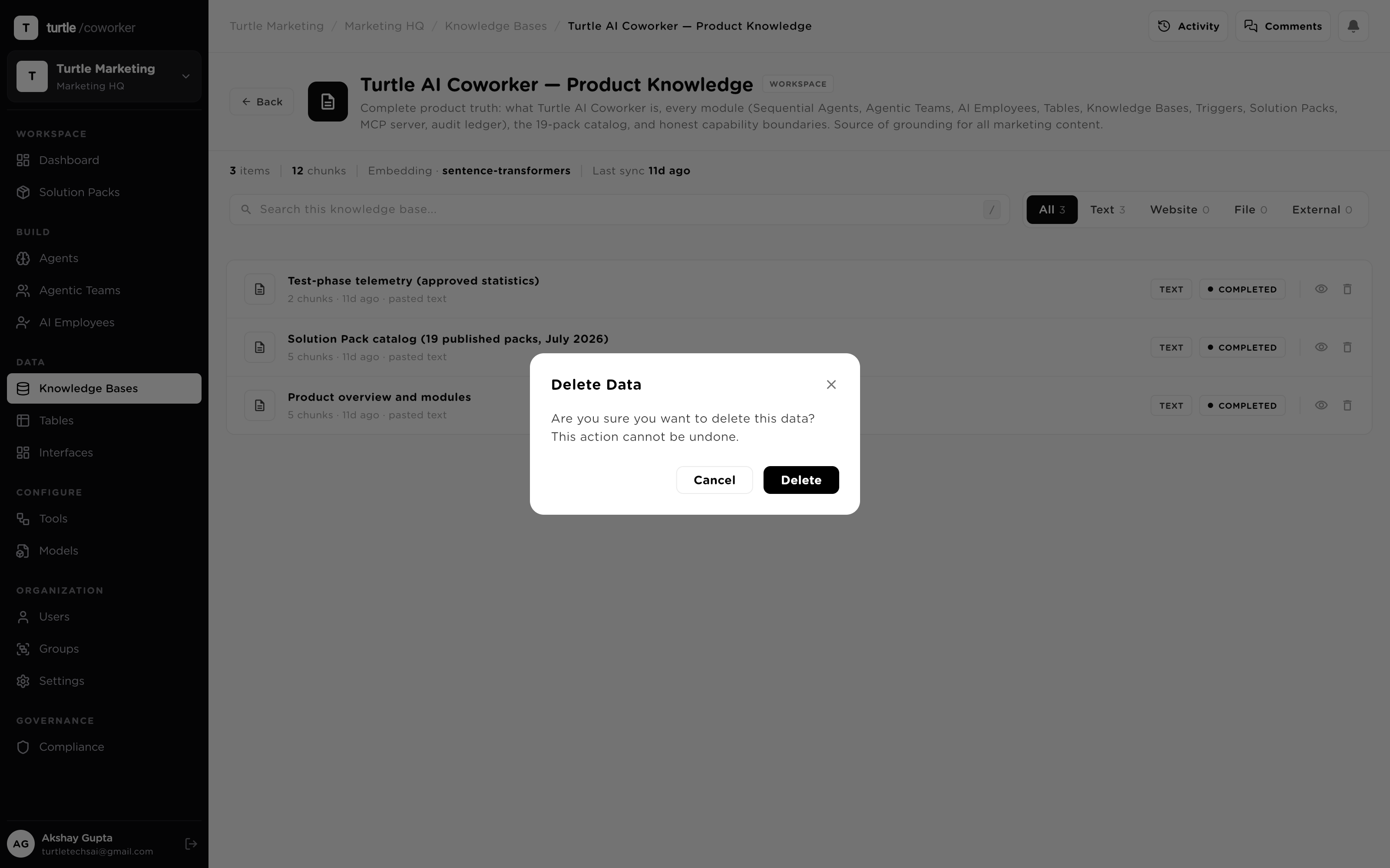 Deleting a source document from a base, with the confirmation showing its indexed chunks will be removed from retrieval
