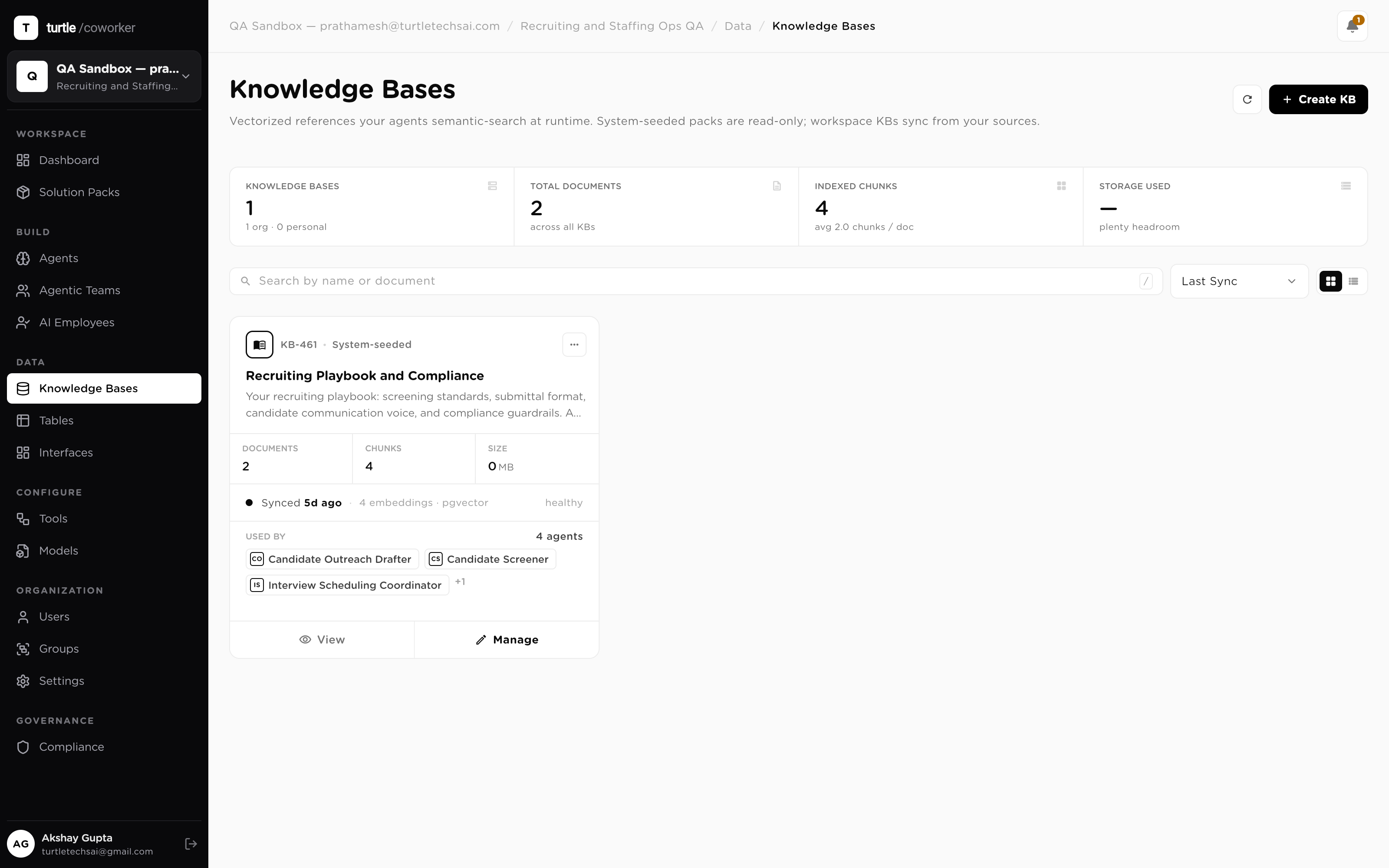 The knowledge base library: one card per base with document and chunk counts, sync health, and the workers attached to each