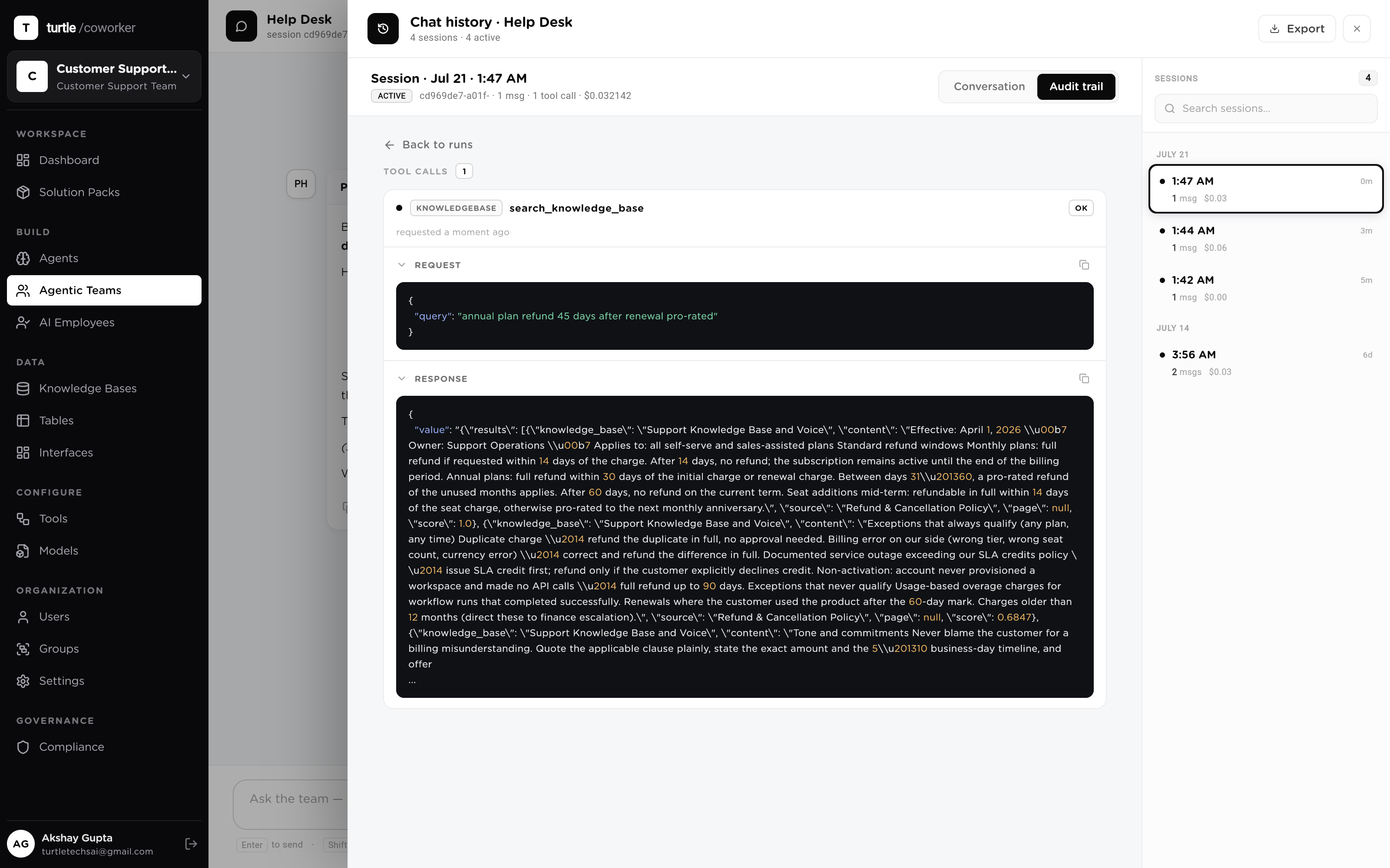 A retrieval inspection view: the query, the fused result list, and per-chunk indicators of vector and full-text match