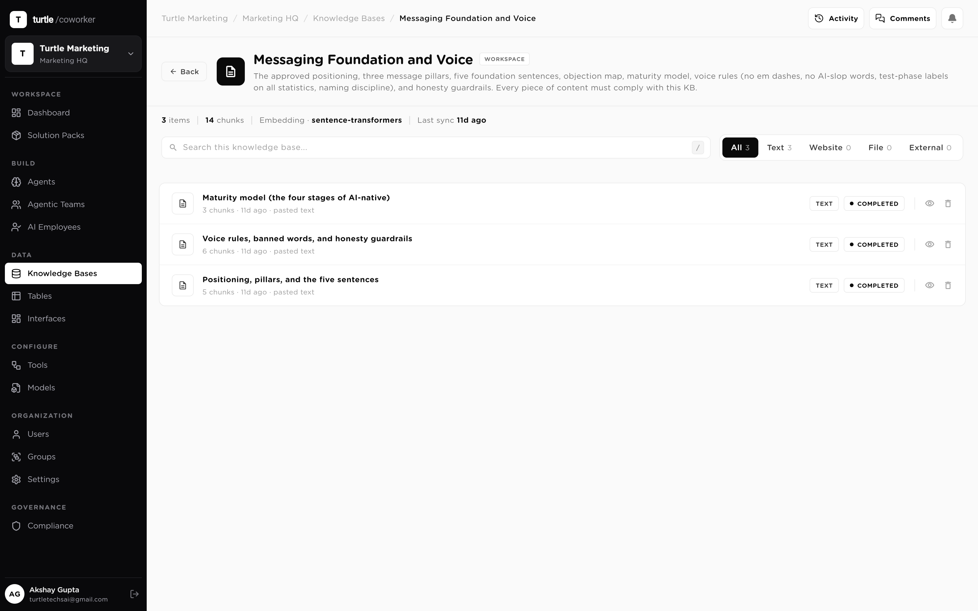 A knowledge base's source-documents list: the uploaded documents the workspace's answers are drawn from, each source listed by name