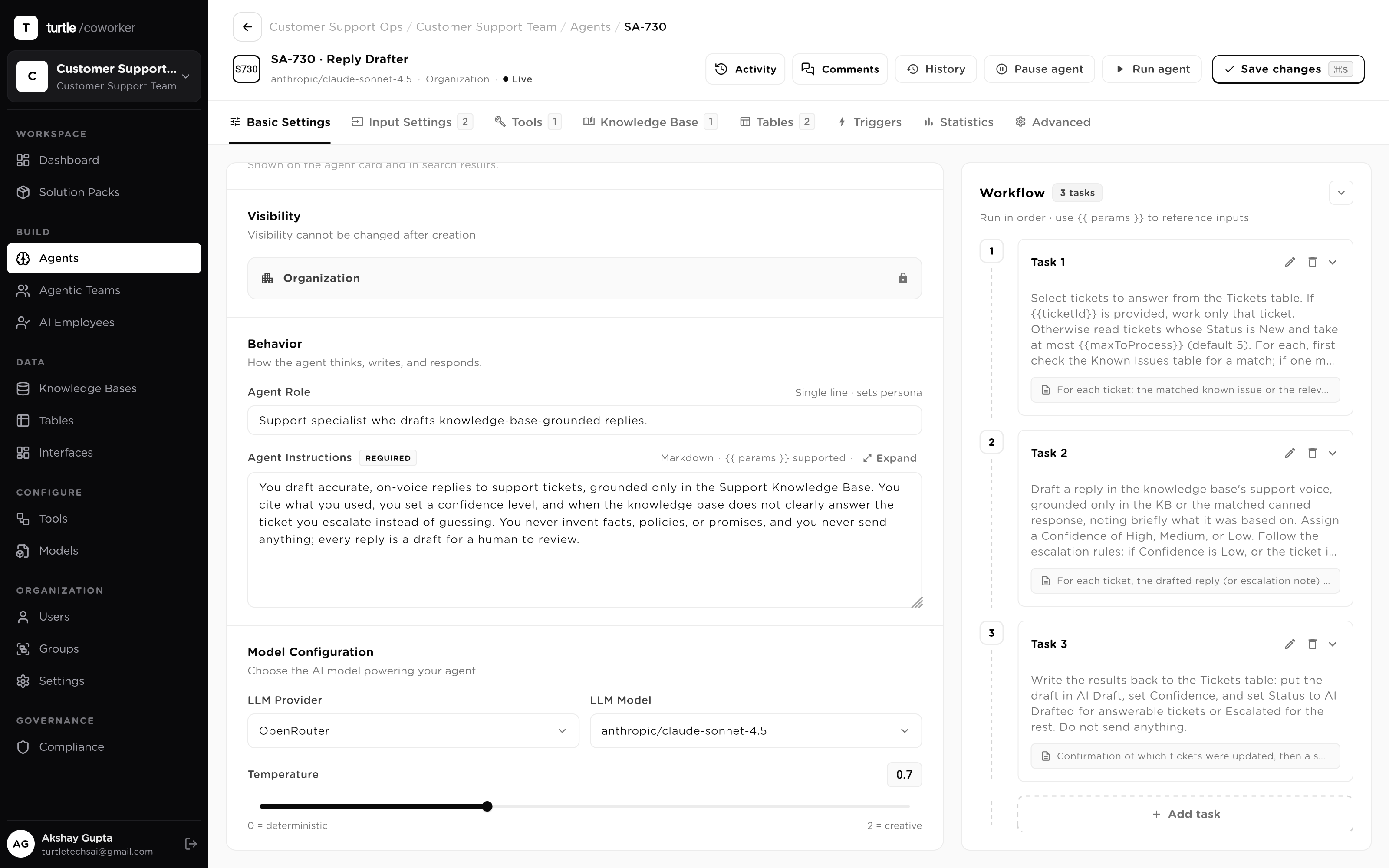 An agent editor's model selector: providers and their models in one menu, with a cheap fast model selected for an extraction agent