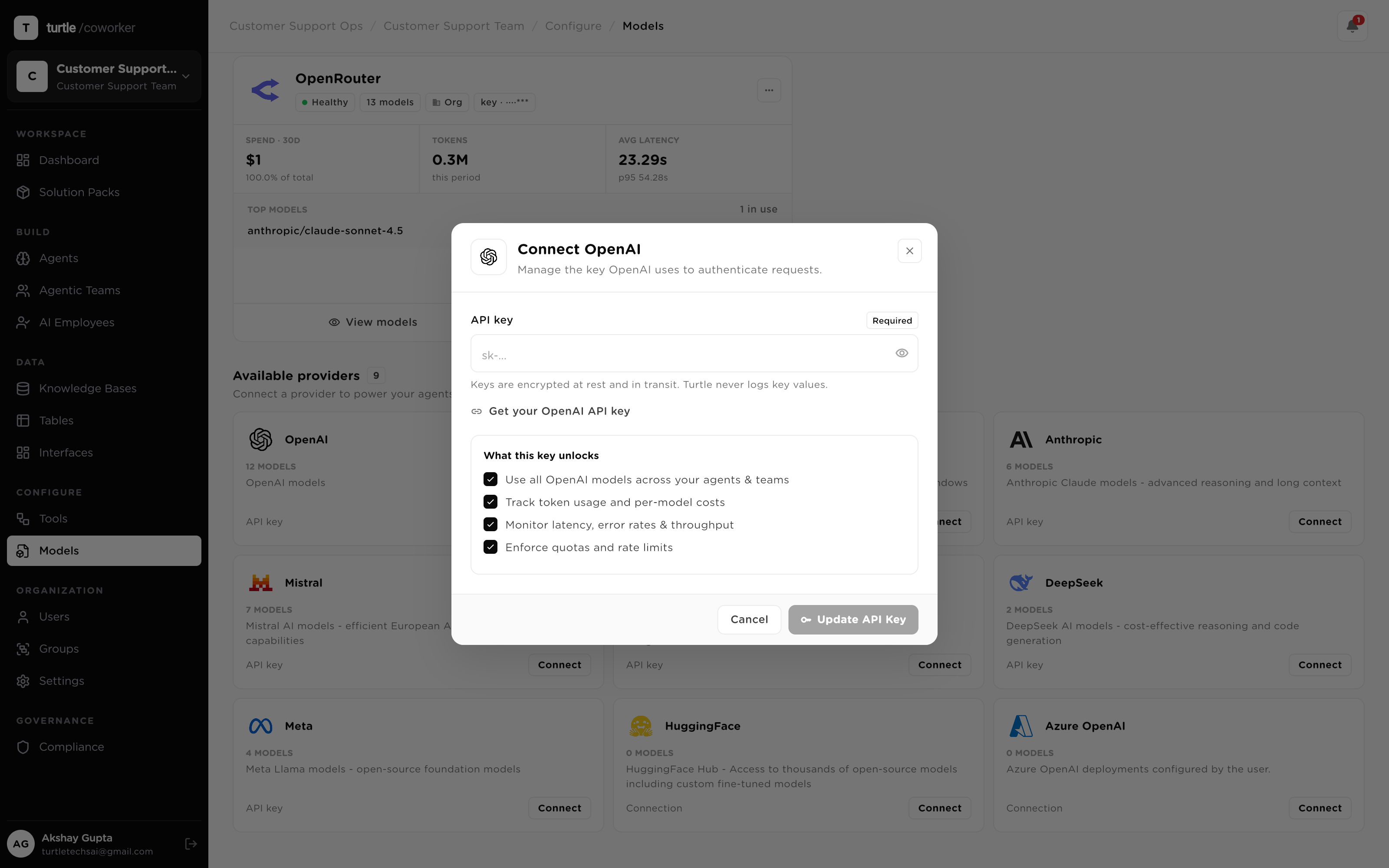 A provider connection form: masked API key field, org-level scope selected, and for Azure OpenAI the endpoint, API version and deployment fields