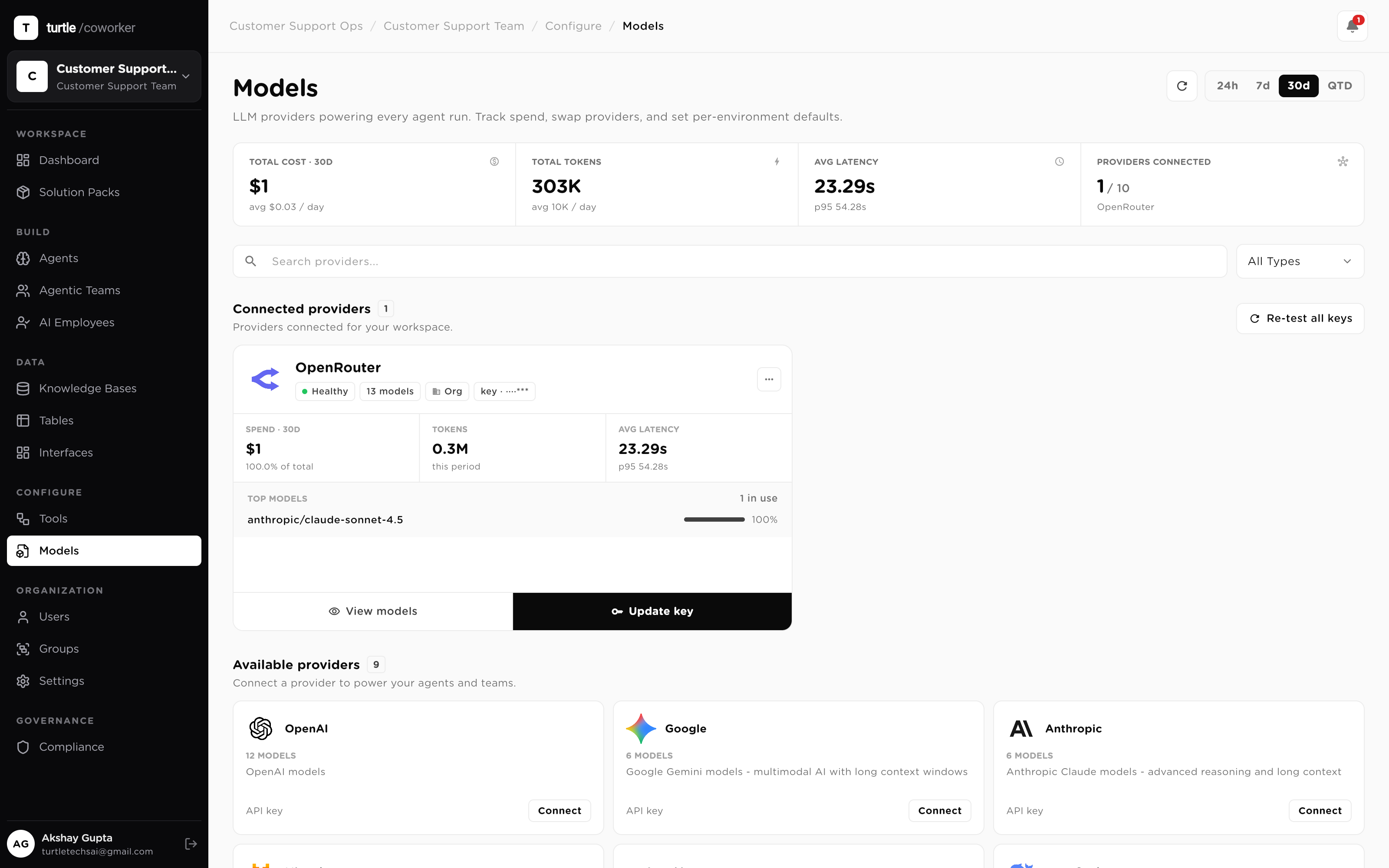 The models overview: connected provider cards including Azure OpenAI, workspace spend and token totals for a time window, and per-model cost breakdown