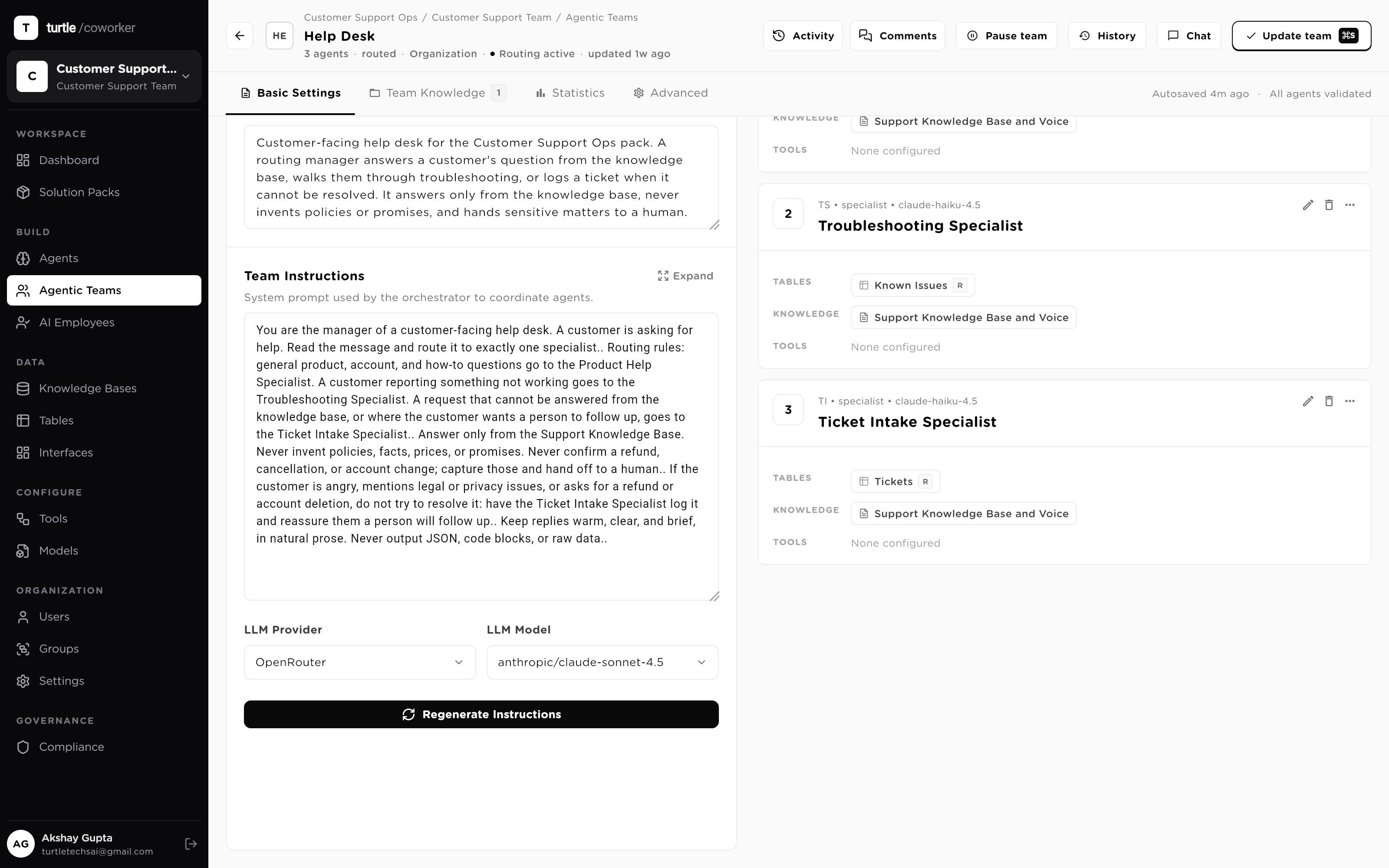 Changing the model on an existing agent: the model dropdown open, workflow and tools panels visibly unchanged