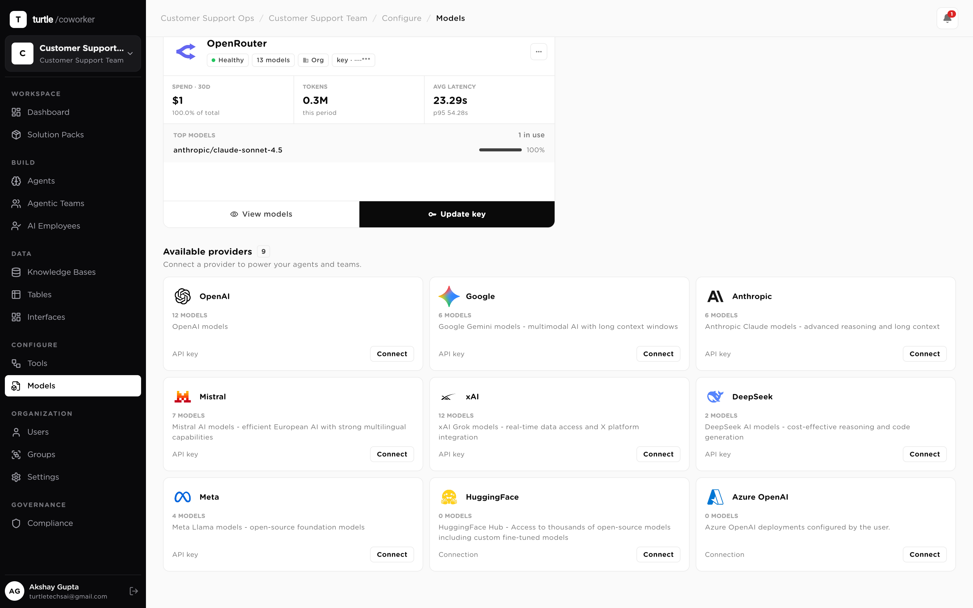 The connected-providers view: one card per provider (OpenAI, Anthropic, Google, Mistral, DeepSeek, xAI, Azure OpenAI) with key status and model counts