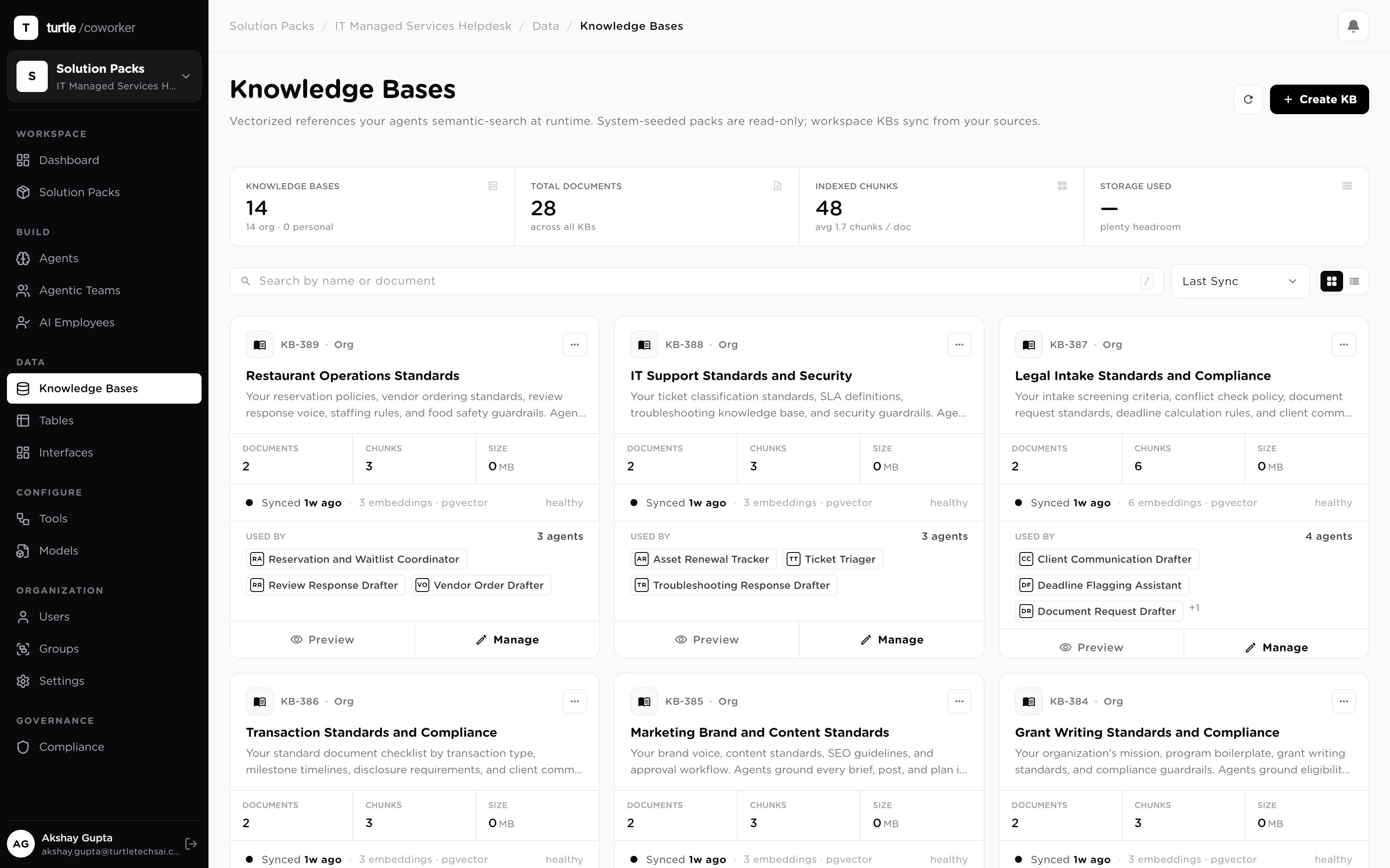 The SOP runbook knowledge base with the source procedure documents listed: the runbooks the executing workers ground and cite each step in