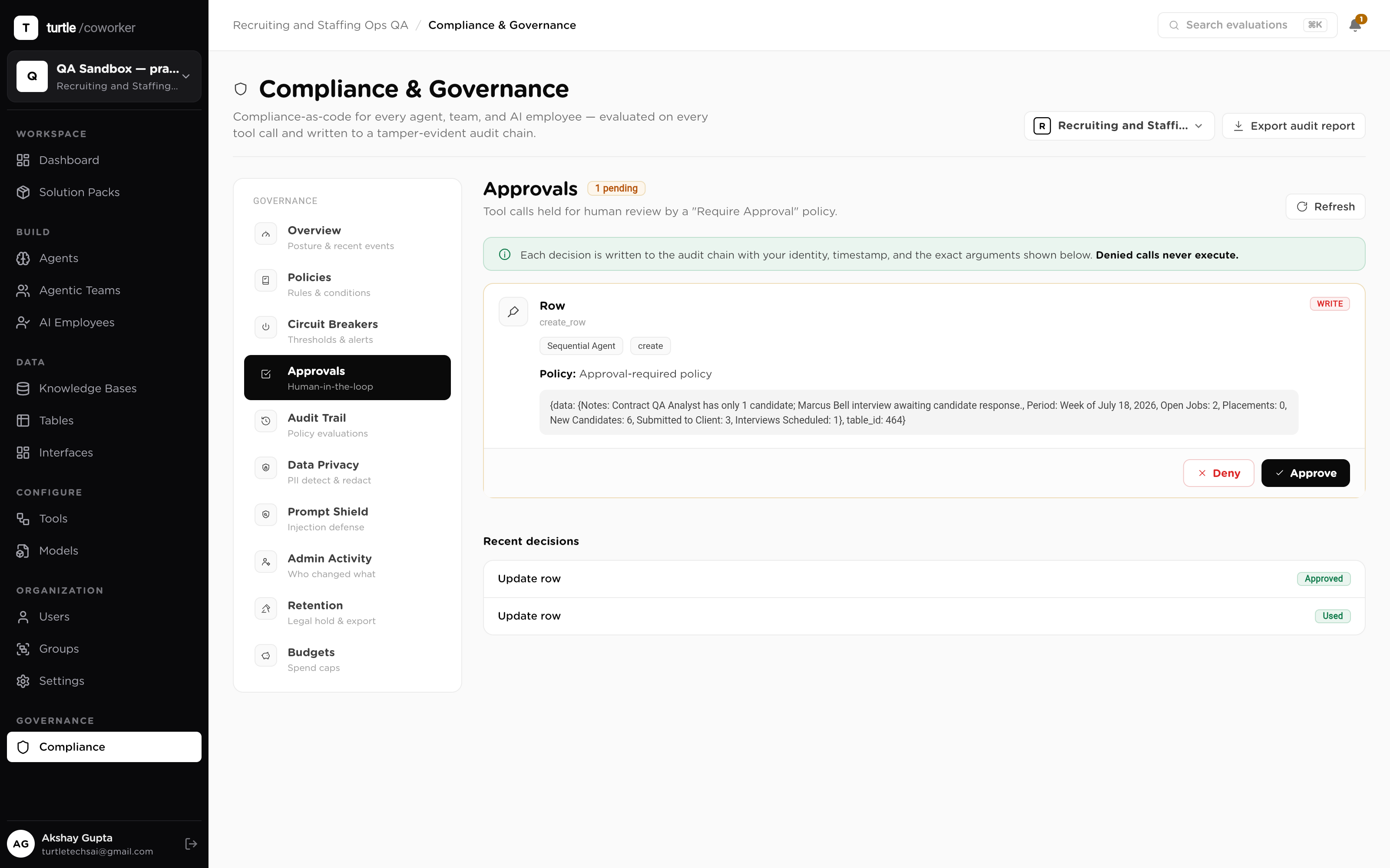 A candidate outreach draft held in the approval queue: the drafted message and its target candidate shown, with approve and deny controls beside it