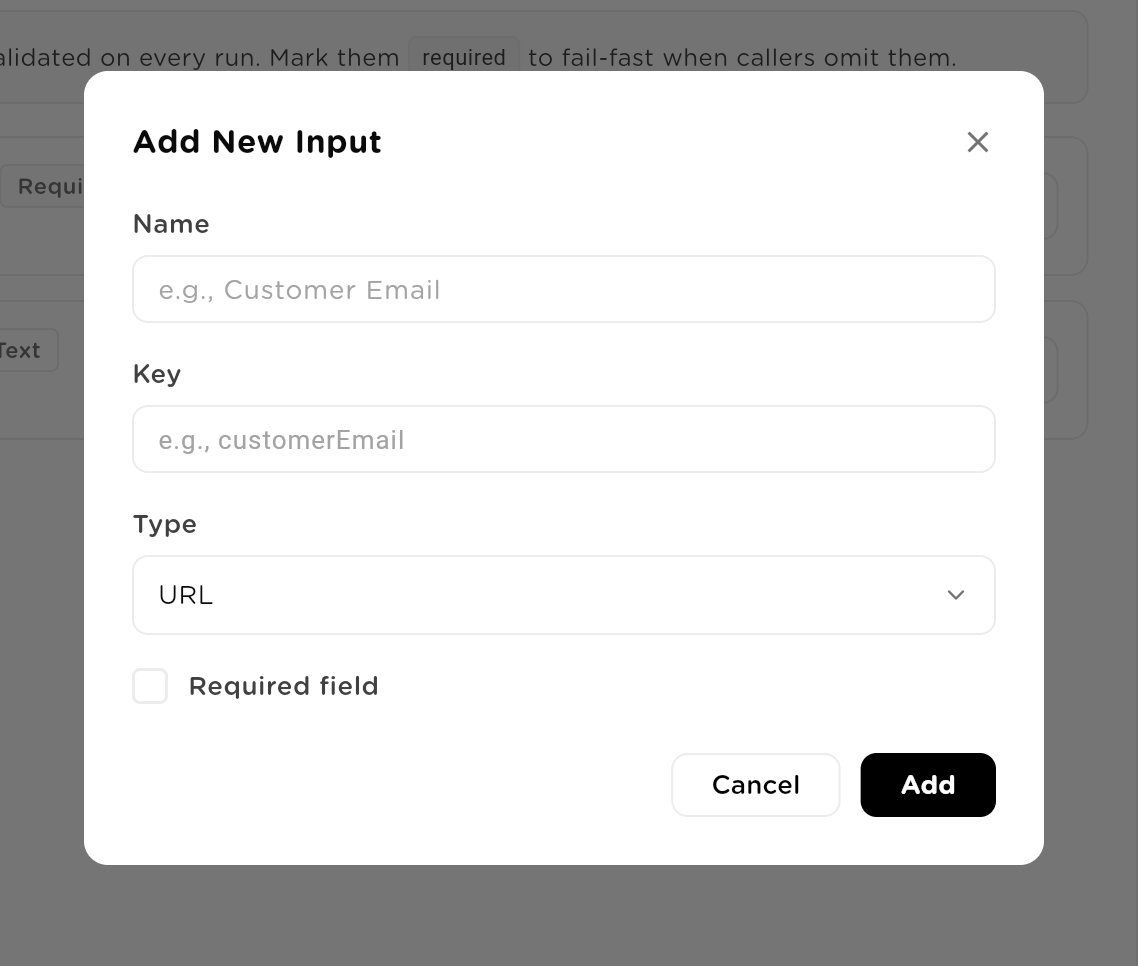 The add-input modal: the eight input type options, a Required toggle, and per-type validation rules (allowed domains on a URL input) filled in
