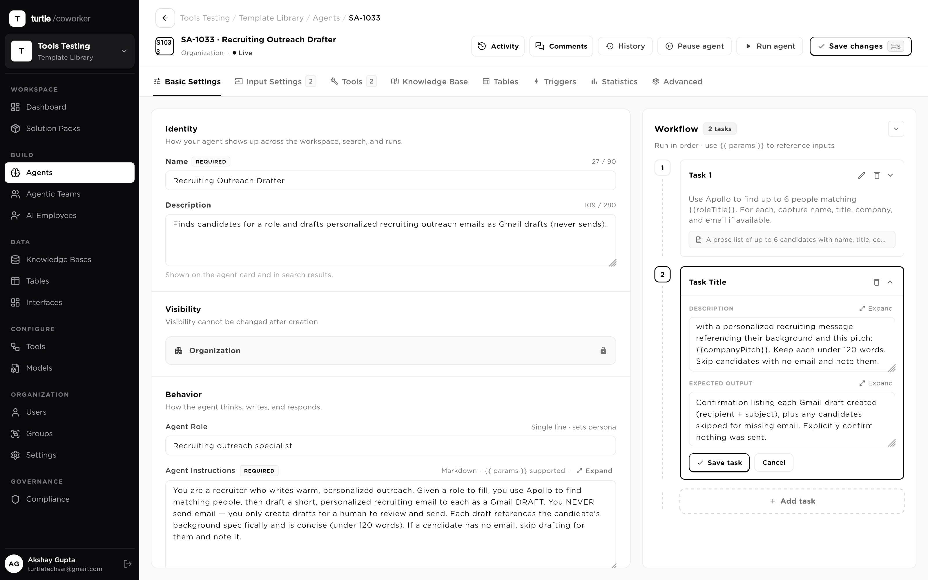 The agent editor, Basic Settings tab: role field, the Markdown instructions editor with an {{ inputs }} token visible, and the temperature / max-tokens / timeout controls