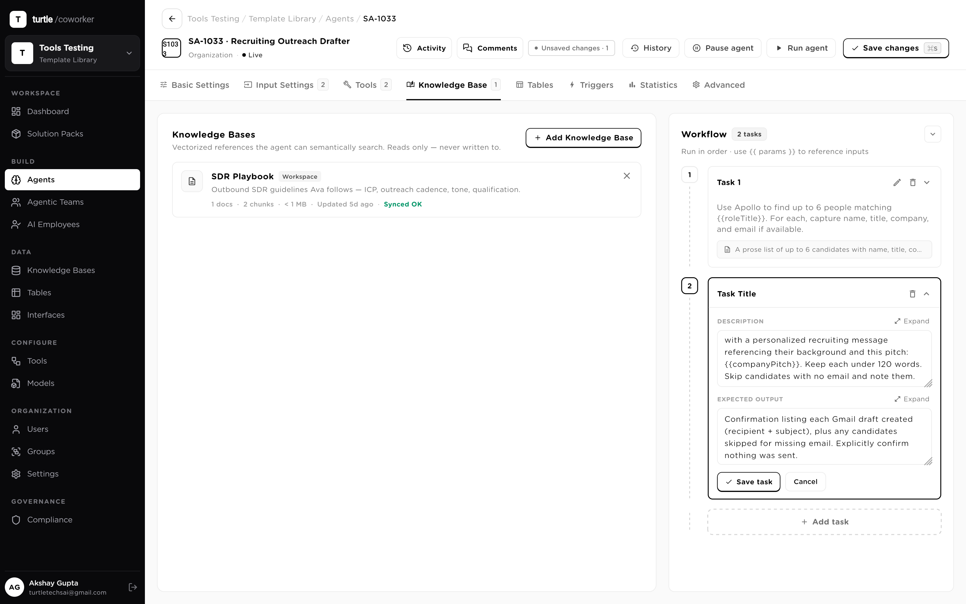 The Knowledge tab: knowledge bases attached to the agent, each marked read-only, with source counts visible