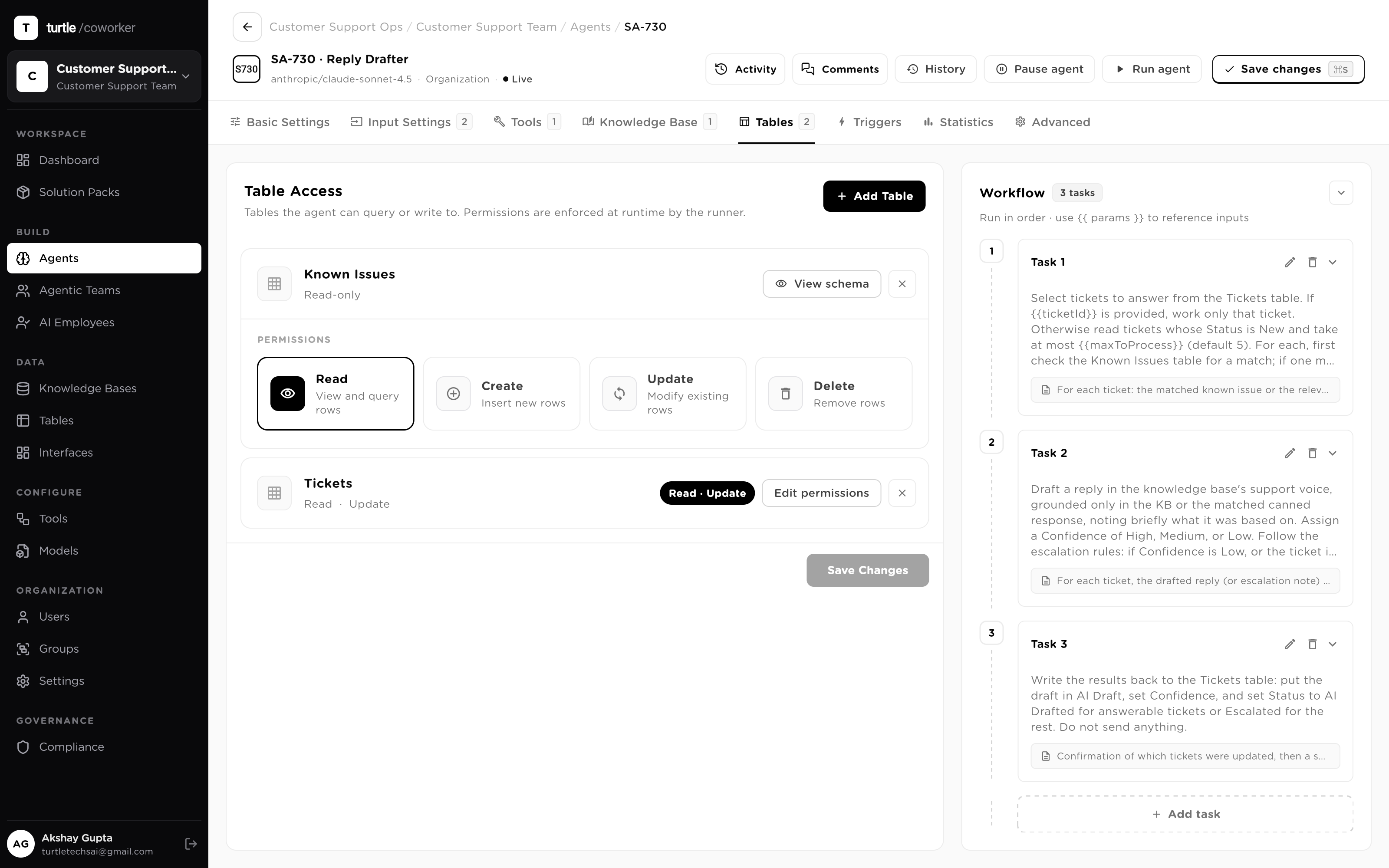 The Tables tab: the per-table Read / Create / Update / Delete toggle grid with Delete off on the target table and a reference table set read-only