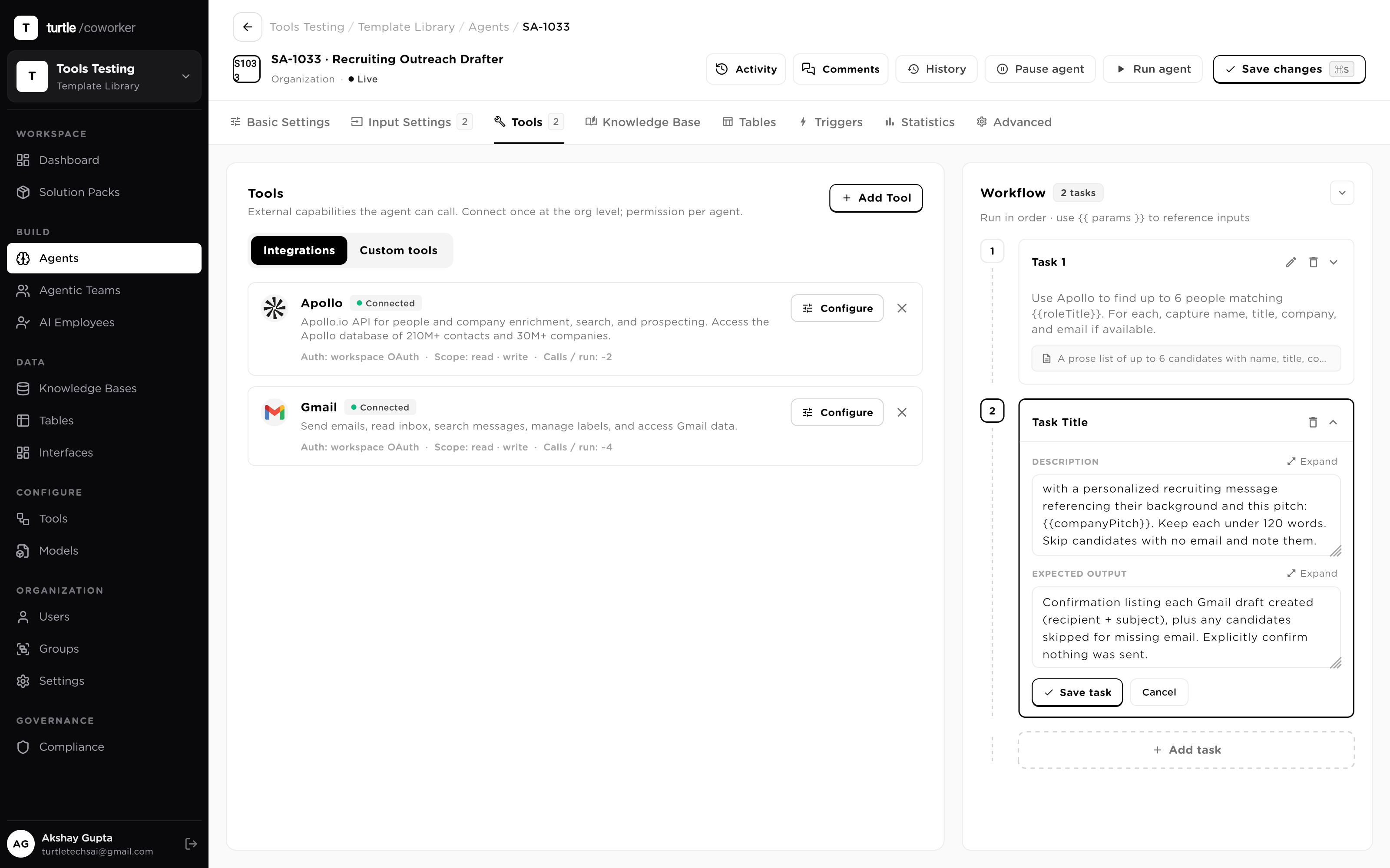 The Tools tab: integrations granted to this agent, each row showing the tool, its auth method and the granted scope